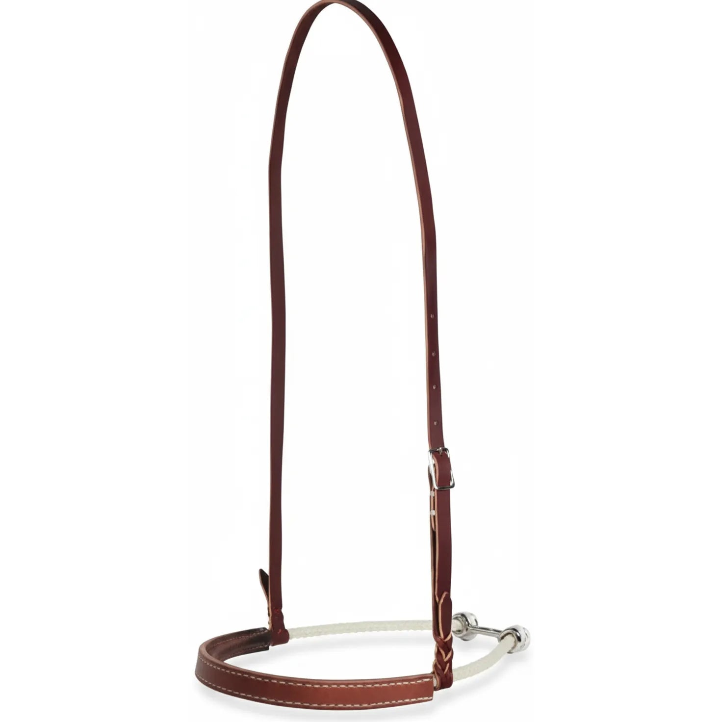 Professional's Choice Lariat Rope Noseband (8148) featuring premium 3/4" Hermann Oak leather in rich chestnut and a 1/2" hand-tied crown. This Western horse training tack includes a white braided lariat rope noseband with a protective stitched leather cover and an adjustable silver-tone buckle for a custom fit. High-quality, durable equestrian equipment designed for precise control and comfort during training or daily riding.