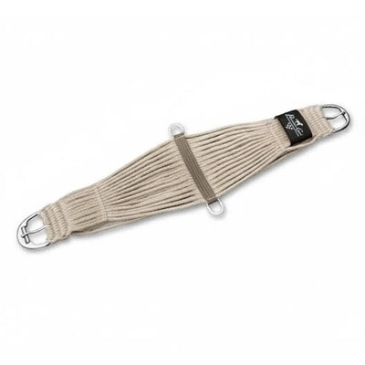 Professional's Choice Mohair Performance Cinch crafted from 100% pure natural mohair. This high-quality western cinch features heavy-duty stainless steel roller buckles for easy cinching and a center keeper with dual D-rings for attachments. Designed for maximum horse comfort and breathability, this durable equestrian tack is perfect for ranch work, trail riding, or competition. A black Professional's Choice brand tag is stitched near the buckle.