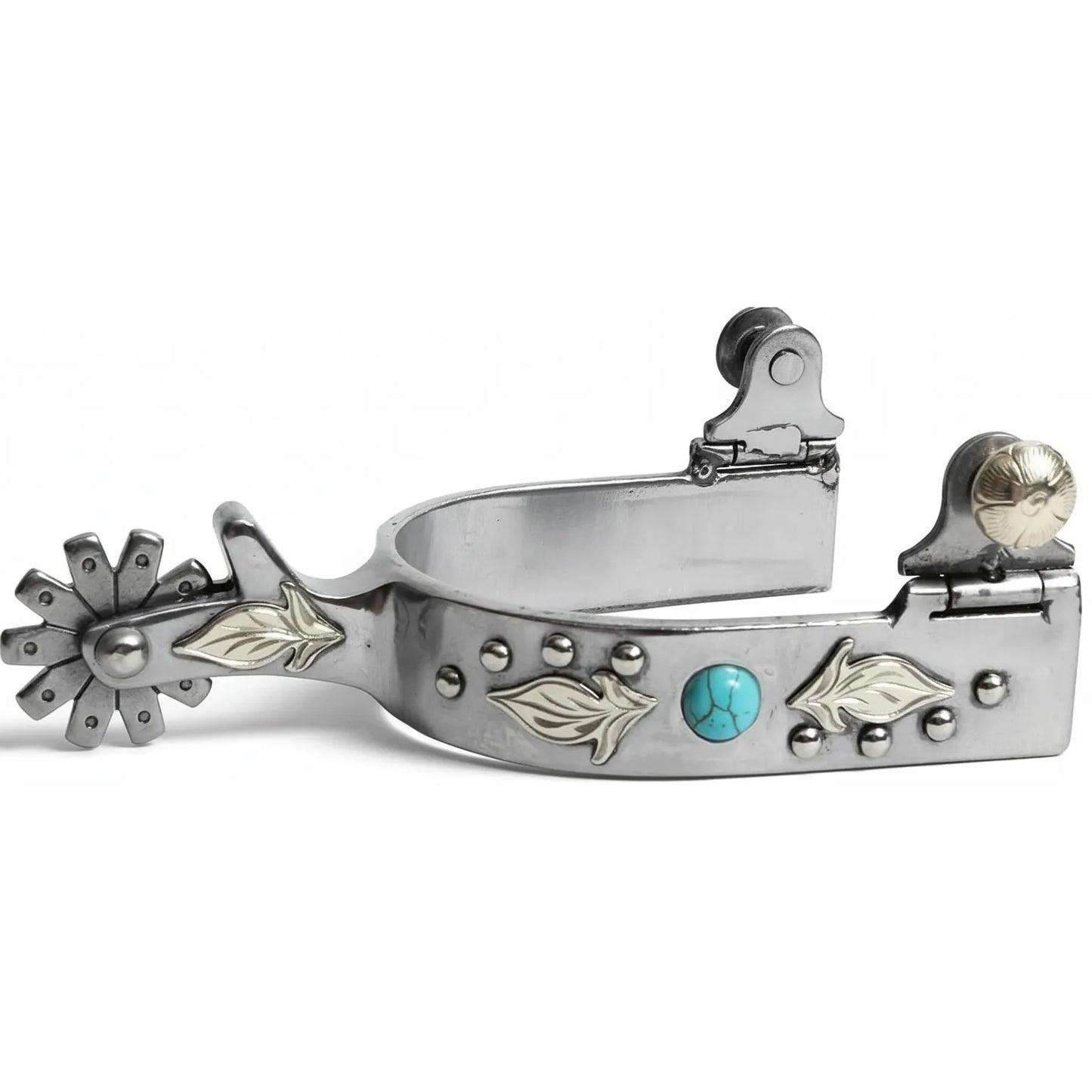 Professional's Choice Ladies Western Spurs featuring a polished silver finish with intricately engraved feather designs and a vibrant turquoise stone accent. These elegant equestrian spurs include a 10-point blunted rowel for gentle communication and decorative silver studs. Perfect for horse shows or ranch work, these high-quality riding spurs combine western style with durable craftsmanship for the discerning rider.
