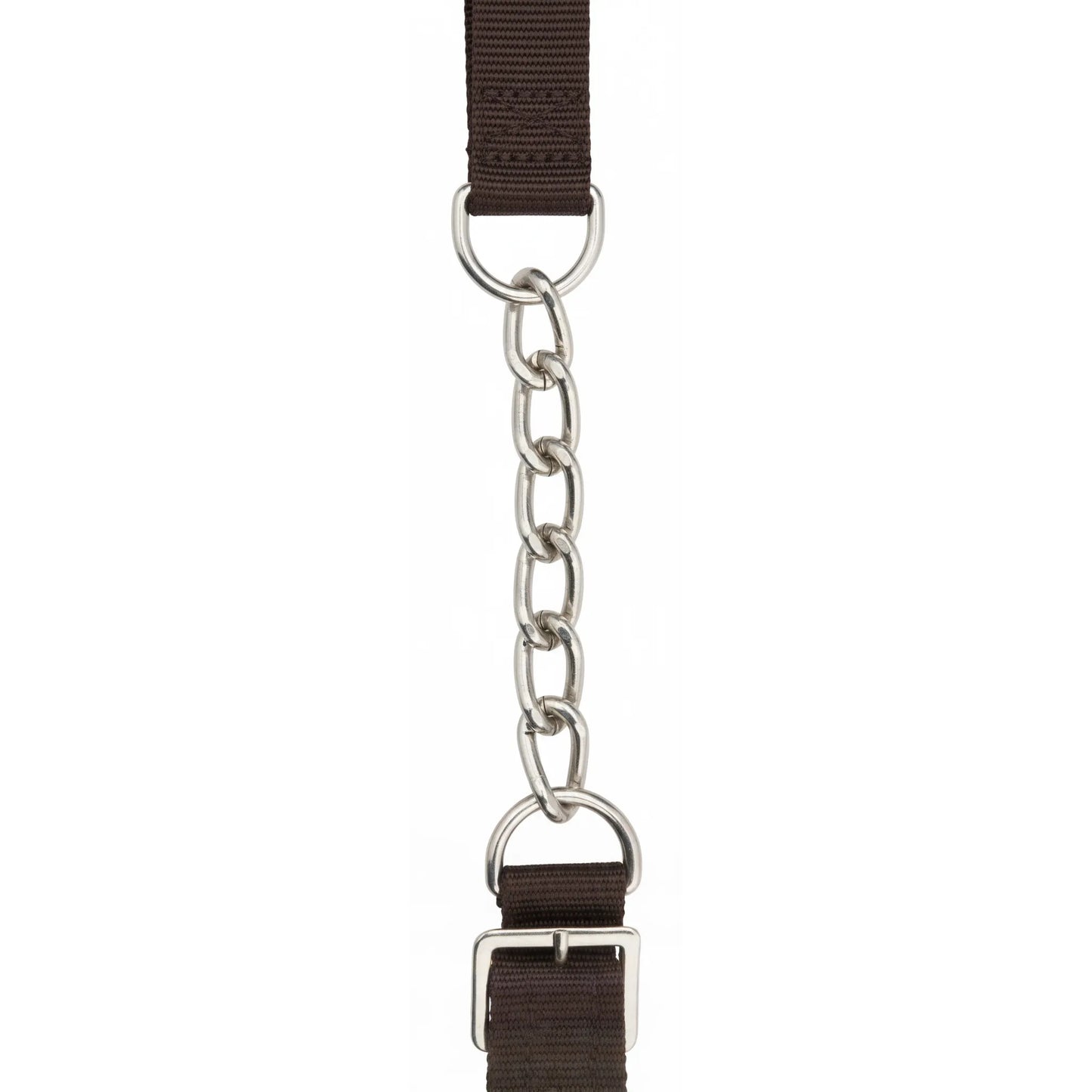 Professional's Choice Nylon Curb Chain in Chocolate brown. This 1/2" wide horse bit chain features durable nylon straps, silver-tone D-rings, and a classic metal link chain. Includes a silver metal buckle for easy adjustment and a comfortable fit. A stylish and functional addition to any equestrian's horse tack collection, perfect for English or Western riding.