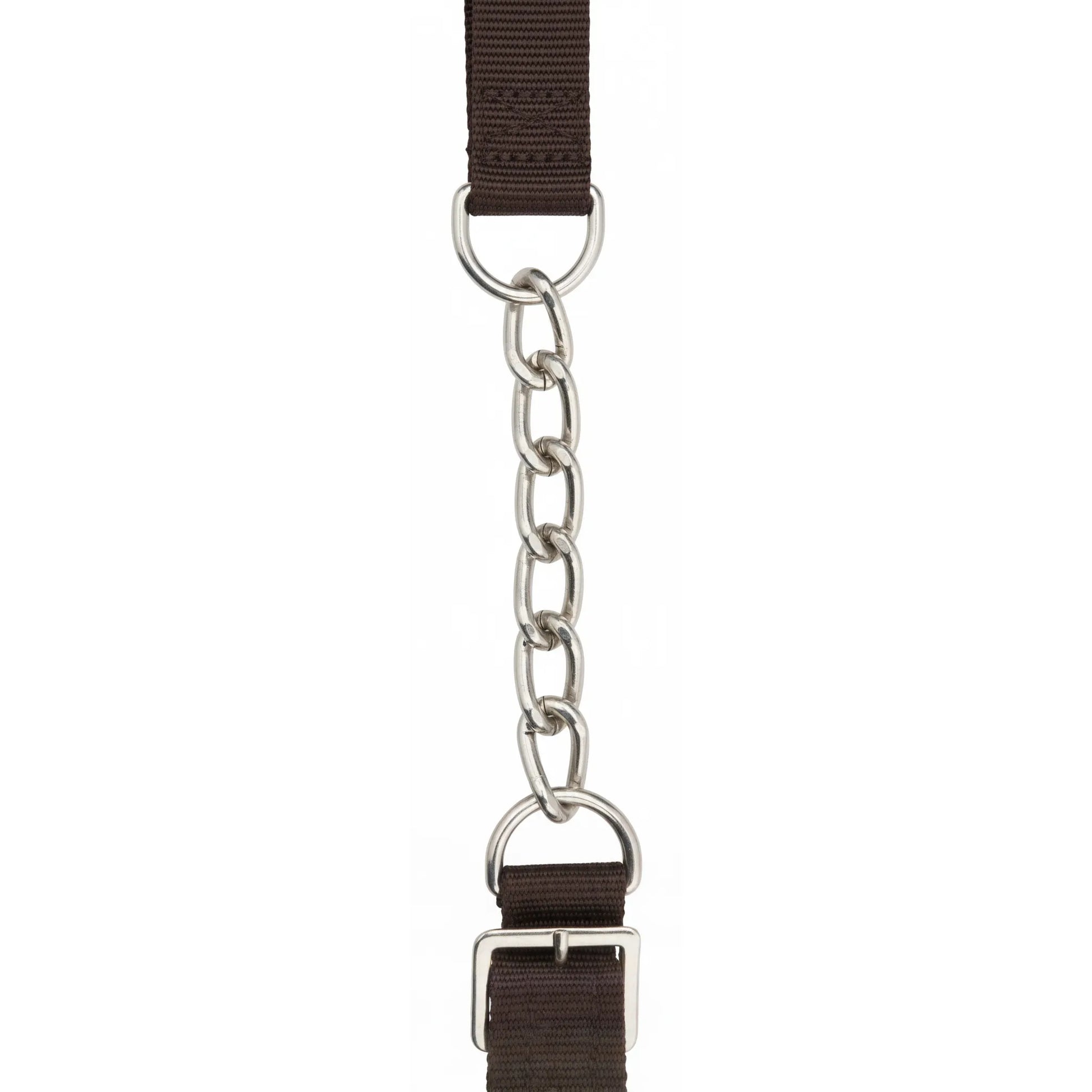 Professional's Choice Nylon Curb Chain in Chocolate brown. This 1/2" wide horse bit chain features durable nylon straps, silver-tone D-rings, and a classic metal link chain. Includes a silver metal buckle for easy adjustment and a comfortable fit. A stylish and functional addition to any equestrian's horse tack collection, perfect for English or Western riding.