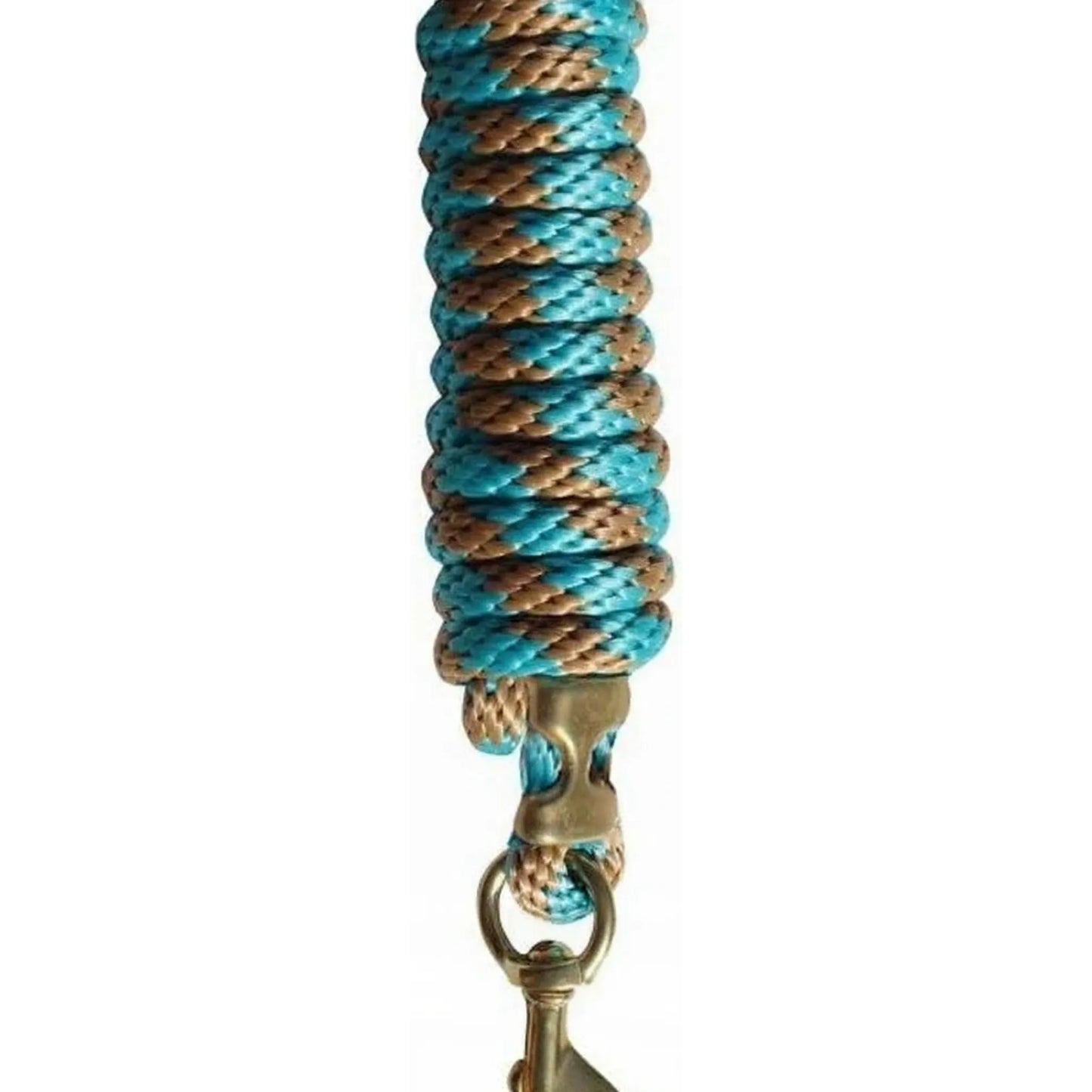 Professional's Choice 10 ft Poly Cotton Horse Lead Rope featuring a thick braided tan and turquoise design. This high-quality equestrian accessory includes a heavy-duty brass swivel snap and a durable metal end cap for secure handling. Stylish and functional horse lead rope perfect for training, leading, and trailering. A must-have piece of equestrian tack for horse owners.