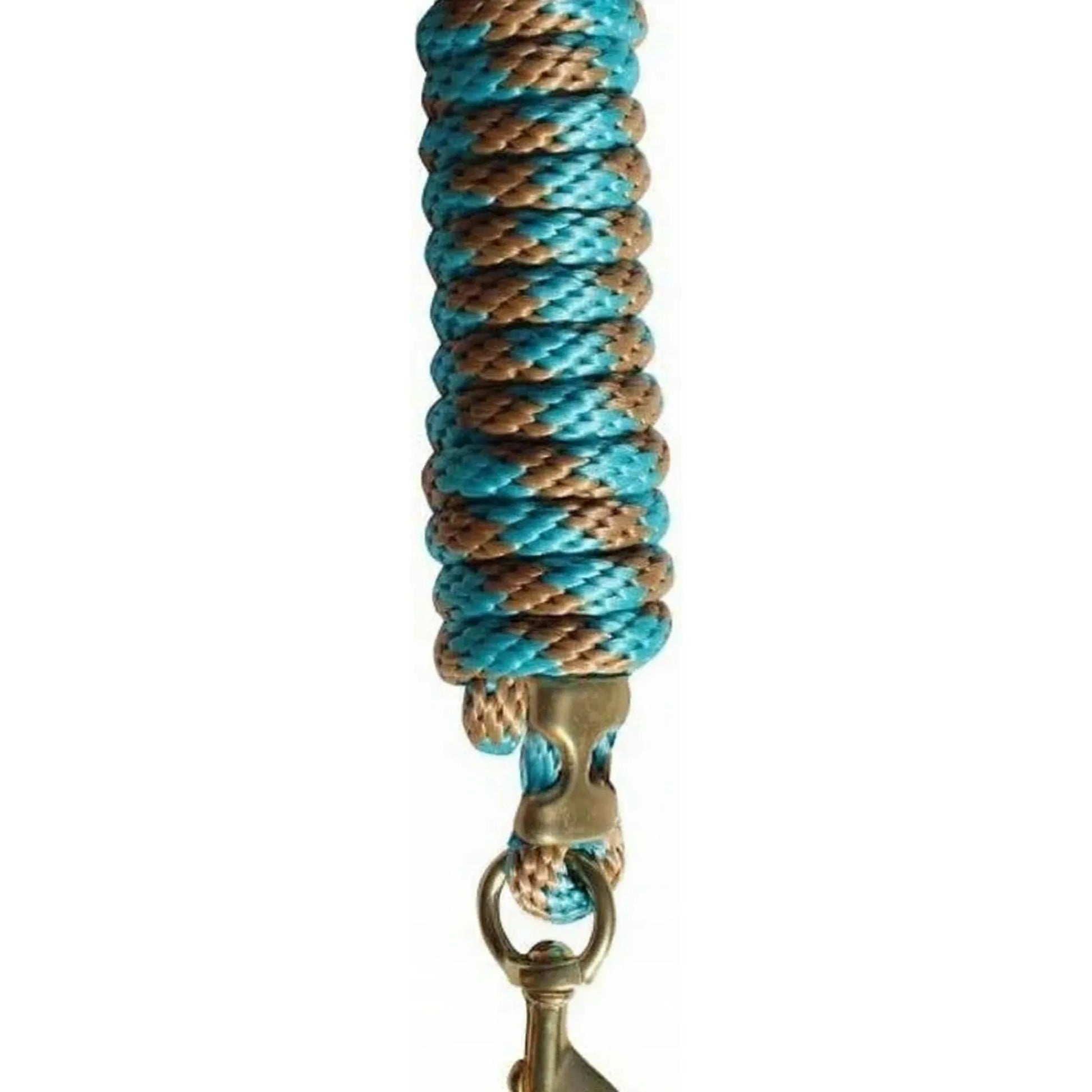 Professional's Choice 10 ft Poly Cotton Horse Lead Rope featuring a thick braided tan and turquoise design. This high-quality equestrian accessory includes a heavy-duty brass swivel snap and a durable metal end cap for secure handling. Stylish and functional horse lead rope perfect for training, leading, and trailering. A must-have piece of equestrian tack for horse owners.