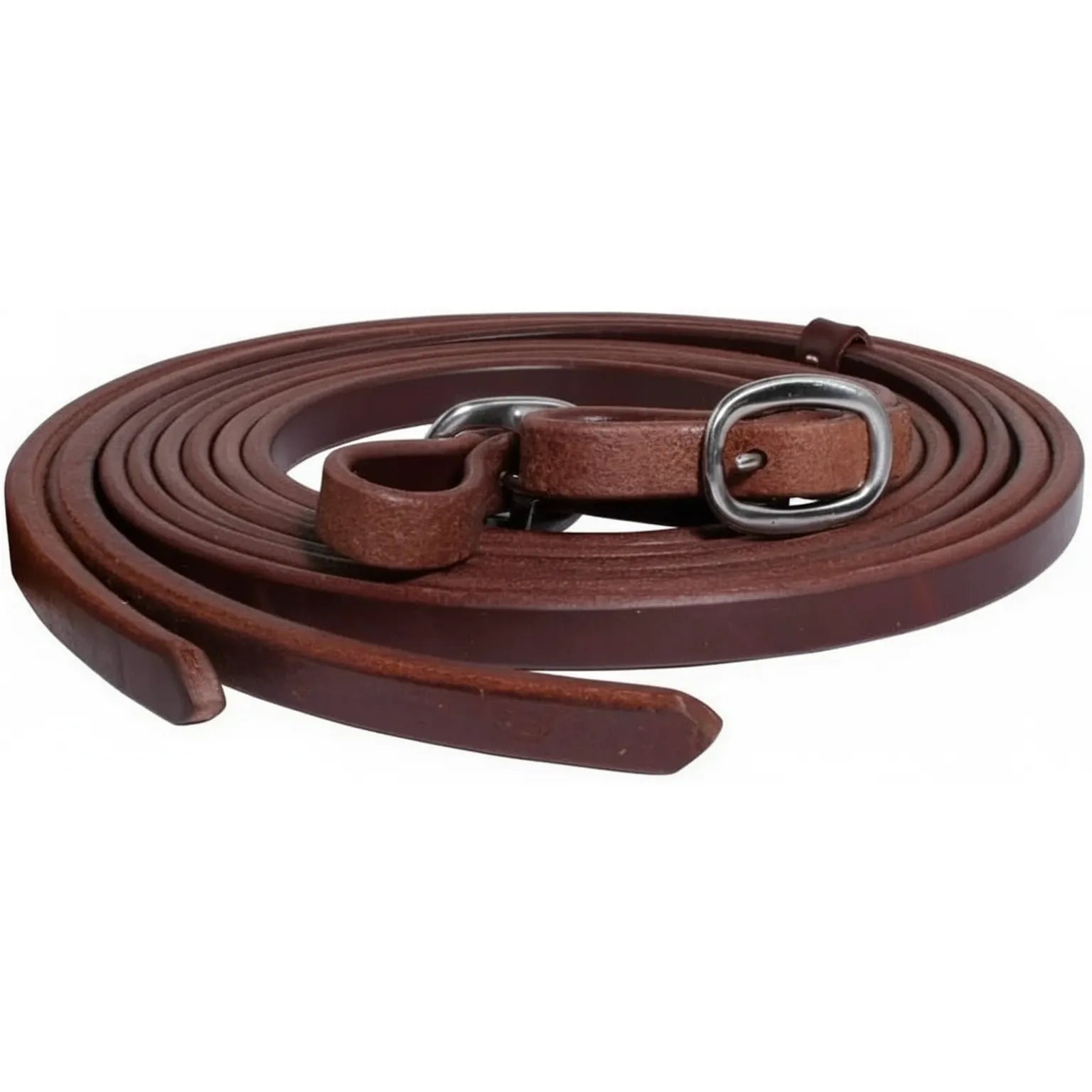 Professional's Choice Ranch Split Reins crafted from premium 5/8" heavy oil harness leather. These durable rich brown leather horse reins feature sleek stainless steel buckle bit ends for secure attachment and a classic Western look. Ideal for ranch work, training, or trail riding, this high-quality horse tack offers a professional feel and long-lasting performance for every equestrian.
