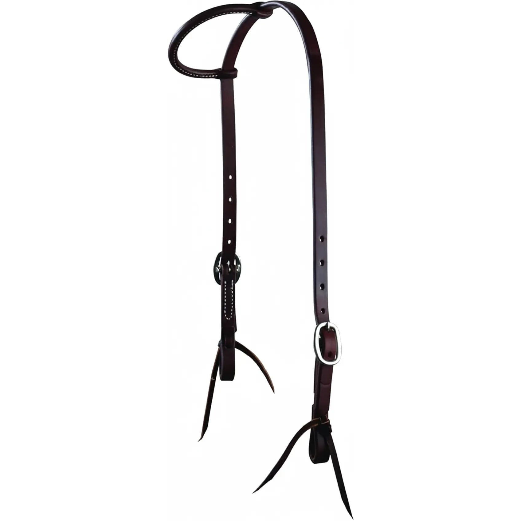 Professional’s Choice Ranchhand Double Buckle One Ear Headstall in premium dark brown leather. This western horse headstall features adjustable silver buckles on both cheek pieces and traditional tie-bit ends for a secure, custom fit. A durable and stylish piece of equestrian tack perfect for ranch work, trail riding, or western performance. Elevate your horse's look with this classic single-ear design.
