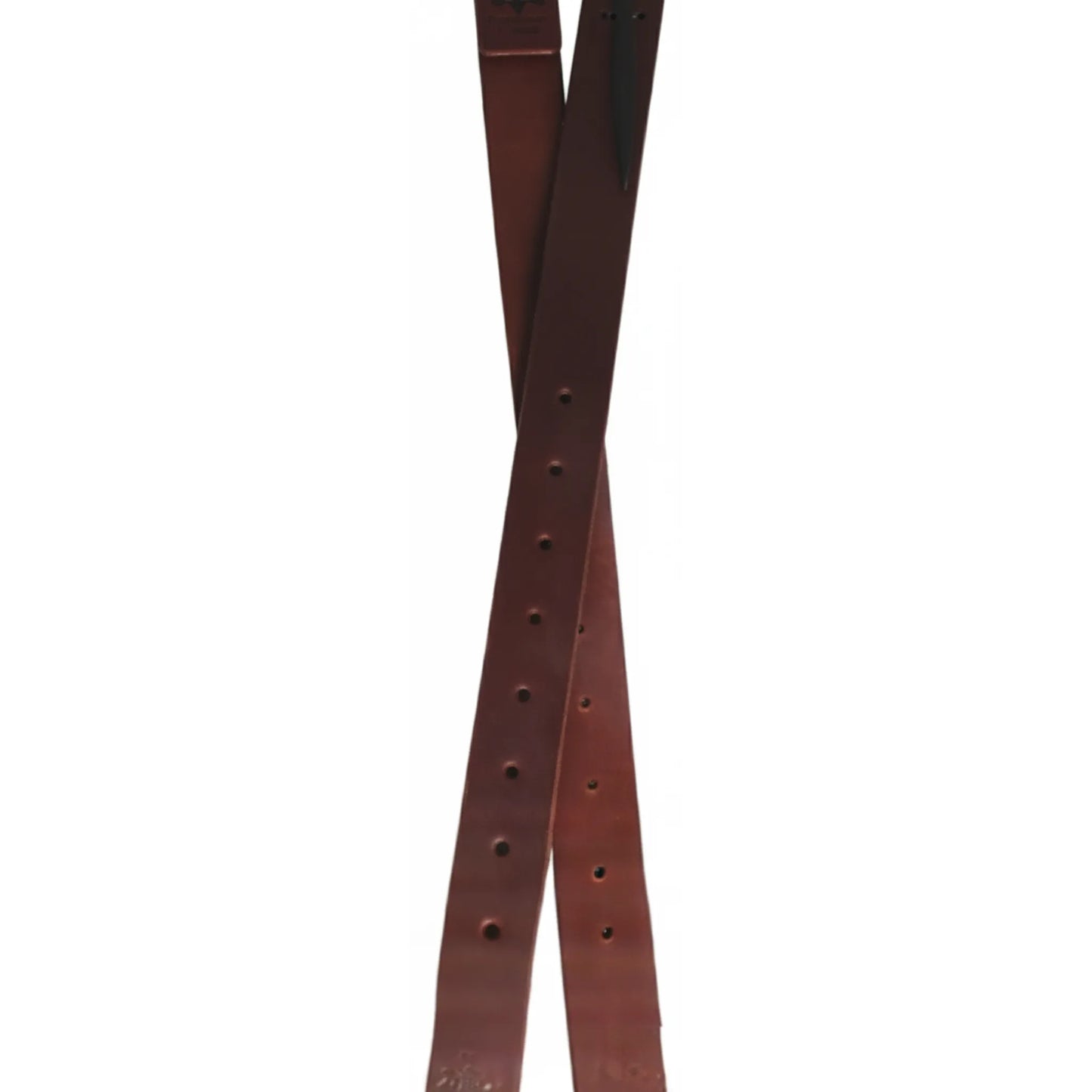 Professional's Choice Ranchhand oiled rear flank cinch billets made from single-ply heavy harness leather. These durable brown leather straps feature multiple pre-punched adjustment holes and a classic oiled finish. Essential Western horse tack for securing a rear cinch, these high-quality ranch billets are built for longevity and performance in the arena or on the trail.