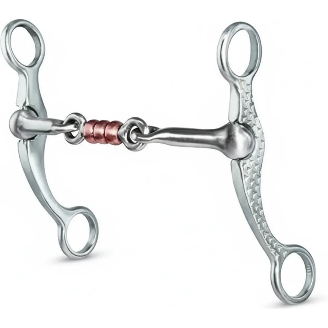 Professional's Choice Rasp Cheek Dogbone Horse Bit (PCB-153) featuring a 5 1/4-inch 3-piece stainless steel mouthpiece with copper rollers. This Western leverage bit showcases uniquely textured rasp-style cheeks and swivel joints for precise communication. The copper rollers encourage salivation and bit acceptance. High-quality equestrian tack designed for durability and performance in the show ring or on the trail.