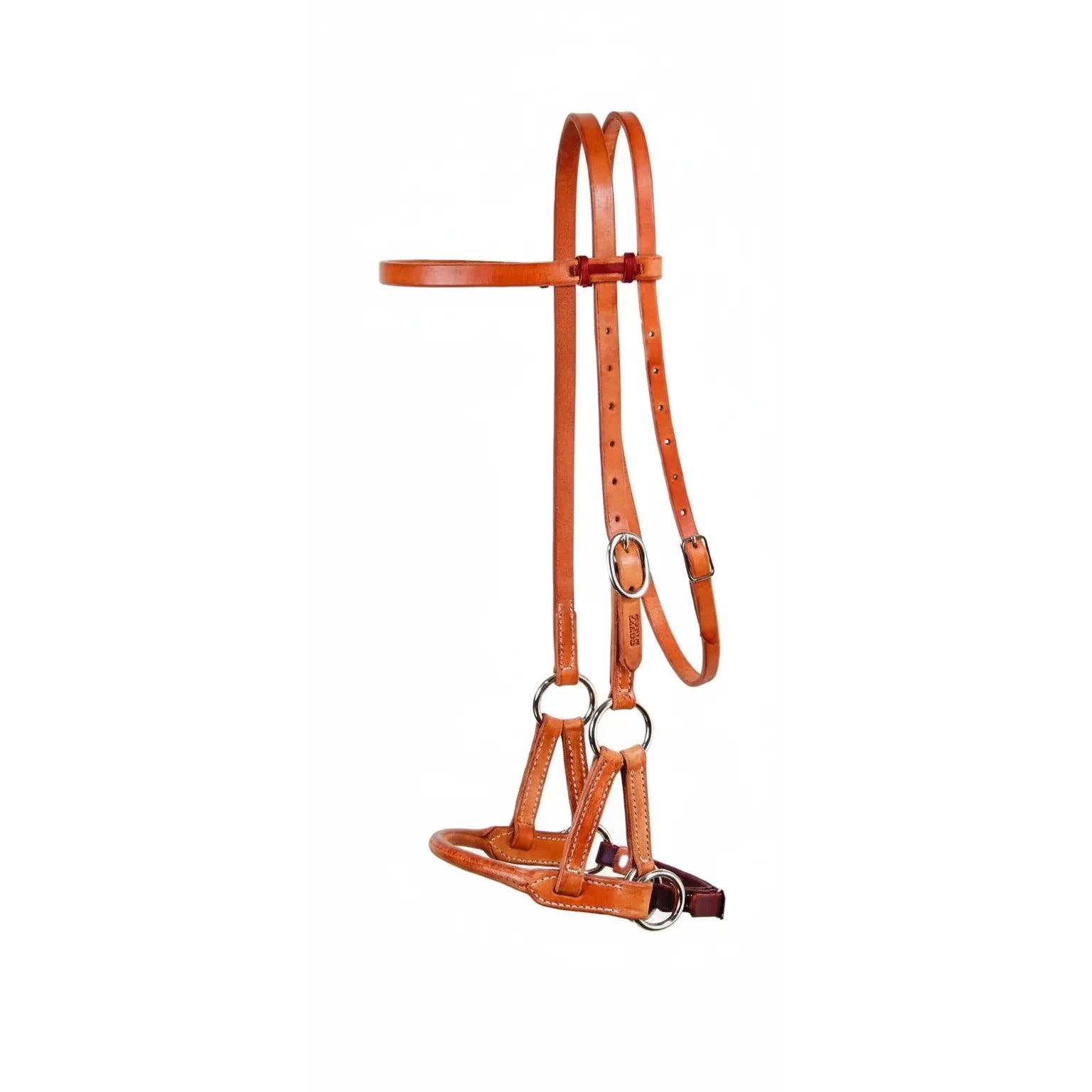 Professional's Choice Round Leather Nose Side Pull bitless bridle crafted from premium tan Hermann Oak leather. This high-quality equestrian training tool features a double crown headstall, rounded leather noseband for gentle pressure, and durable stainless steel hardware. Proudly made in the USA, this bitless side pull provides clear communication and control for western riding, training, and natural horsemanship.