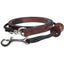 Professional's Choice Schutz Lip Cord Lead featuring a durable black braided poly cord and rich chestnut brown leather handle with circular leather stoppers. This AQHA-approved equestrian training lead includes heavy-duty silver metal swivel snap clips for secure attachment. Designed for professional horse handling and show ring performance, this high-quality lead combines functionality with classic style for horse owners and trainers.