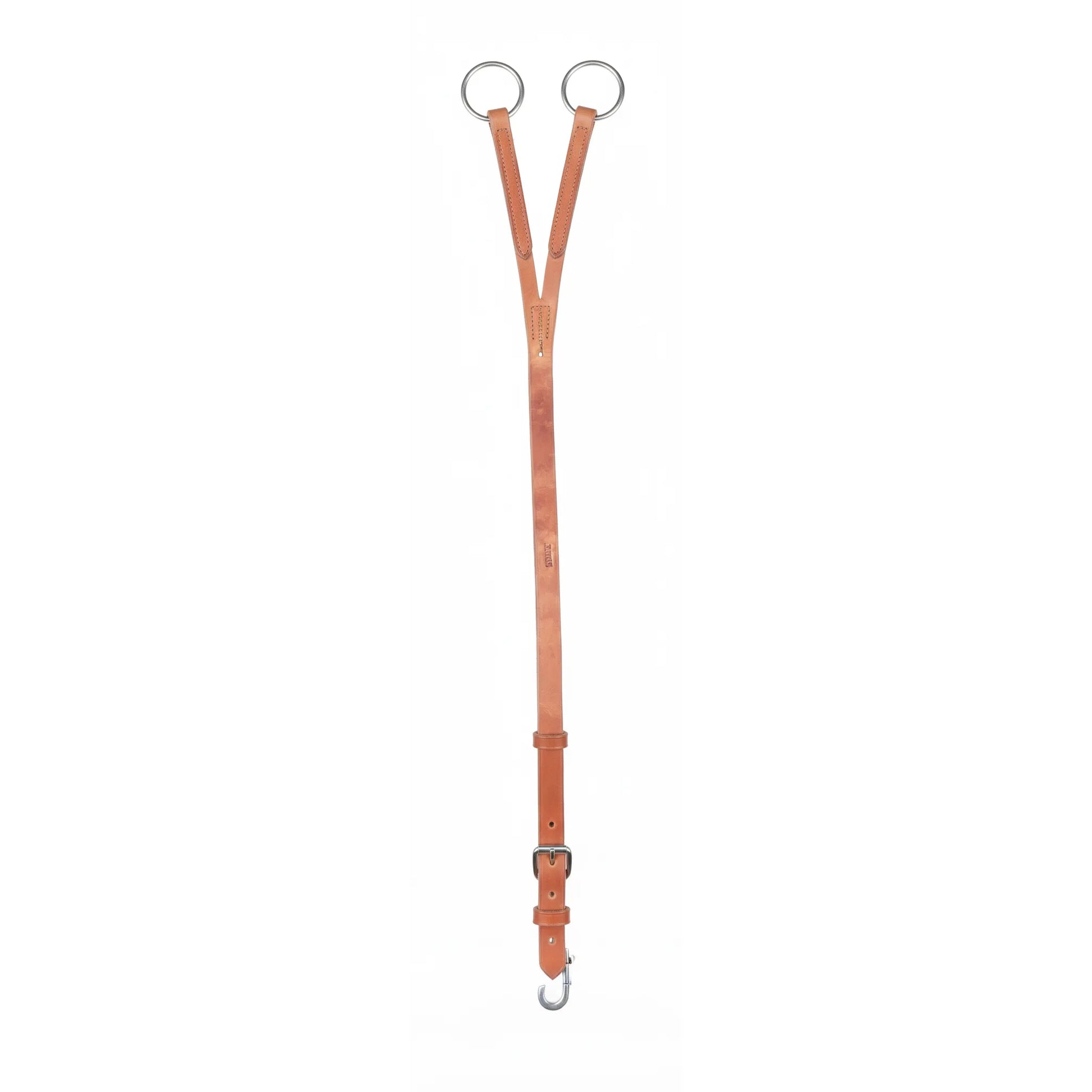 Professional's Choice Schutz Long Training Fork in durable harness leather. This Y-shaped horse training equipment features large stainless steel rings for smooth rein movement and an adjustable strap with a heavy-duty buckle and snap hook for secure girth attachment. A high-quality western training tool designed for refining head carriage and control. Ideal for professional horse trainers and riders looking for reliable performance leather tack.