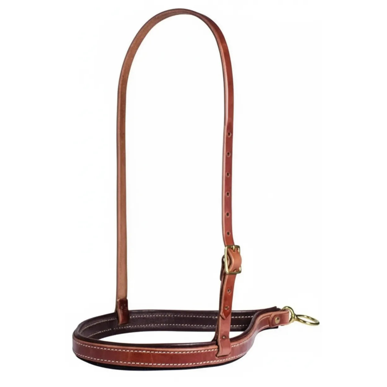 Professional's Choice Schutz Roper Noseband (8037) crafted from 3/4" Hermann Oak leather in a rich russet brown. Features a wide 1 1/4" noseband with soft dark lining and elegant white stitching for horse comfort and style. Includes an adjustable brass buckle and a durable bronze ring for attachments. Ideal western horse tack for roping, training, and everyday riding performance.