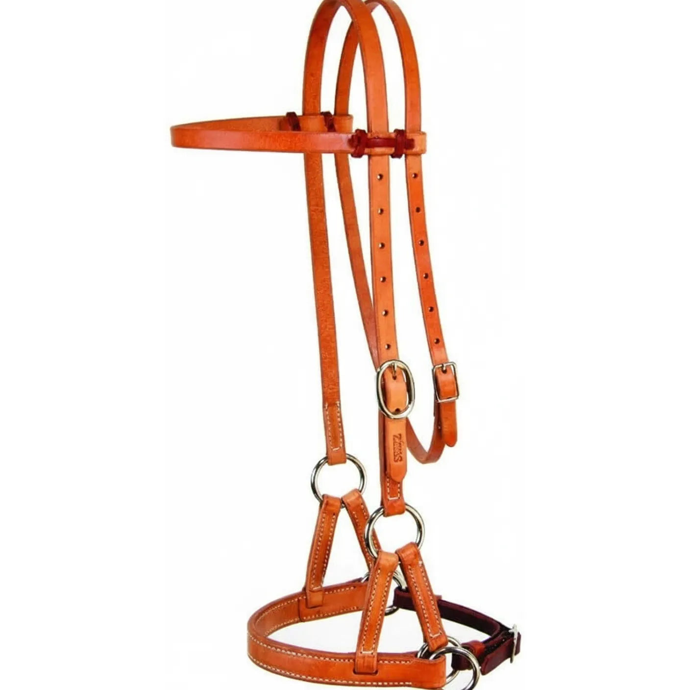 Professional's Choice Side Pull with D&S Leather Nose, a premium western bitless bridle in natural tan leather. Featuring a classic browband design, adjustable double-stitched cheek pieces with silver hardware, and a reinforced leather noseband with large rings for effective side pull cues. Durable, high-quality horse tack ideal for training or trail riding without a bit.