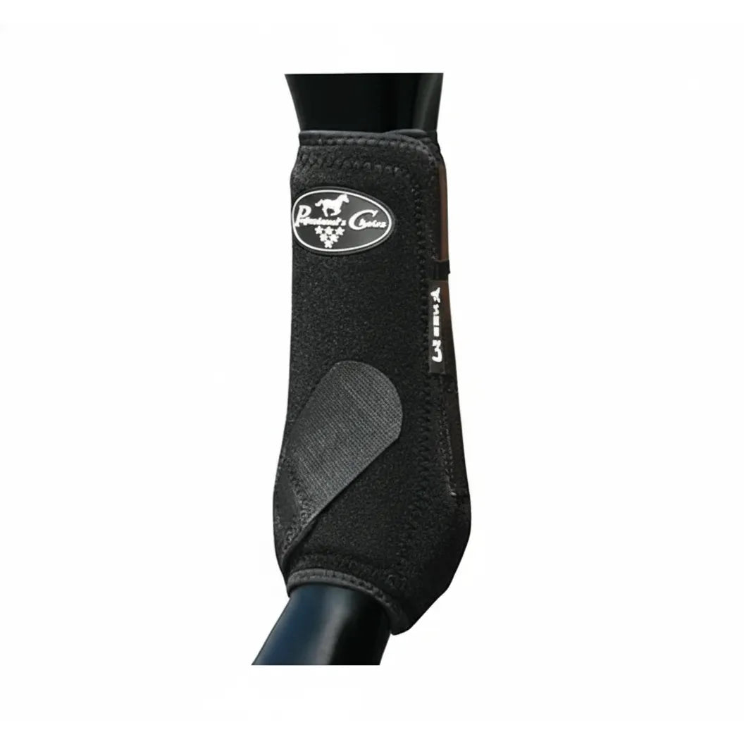 Professional's Choice SMB3 Black Sports Medicine Boots for horse leg protection. This contoured boot features durable neoprene, a secure hook-and-loop closure, and the brand logo, providing essential support for the fetlock and tendons. High-performance equestrian gear designed for front and rear horse legs to prevent injury during riding, training, or competition.