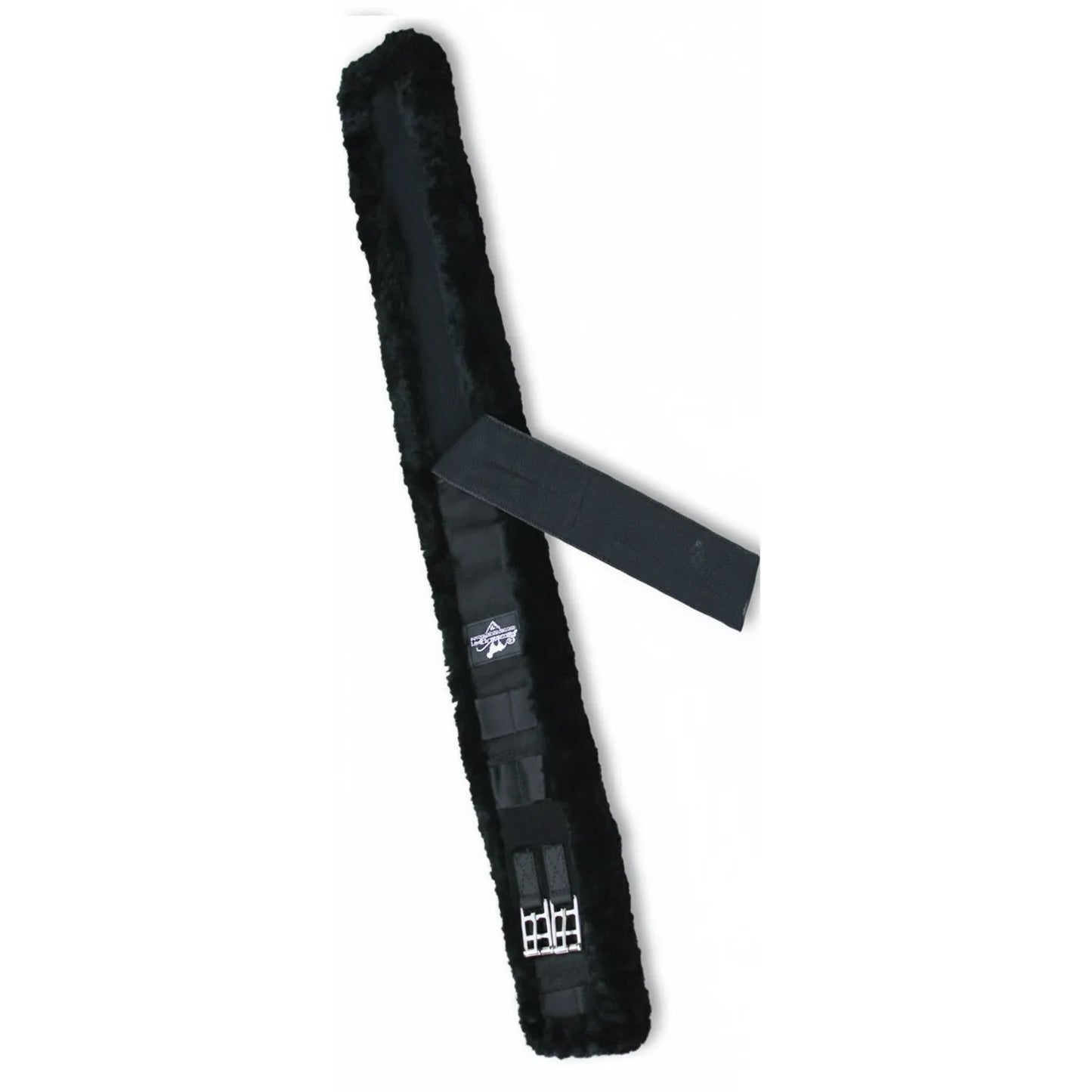Professional's Choice SMX Comfort Fit Dressage Girth in black, featuring a luxurious shearling lining for horse comfort and breathability. This high-quality equestrian cinch showcases durable stainless steel buckles and a contoured design for a secure, anatomical fit. Ideal for dressage training and competition, it provides pressure relief and prevents chafing. Essential equestrian gear for professional riders seeking performance and style.