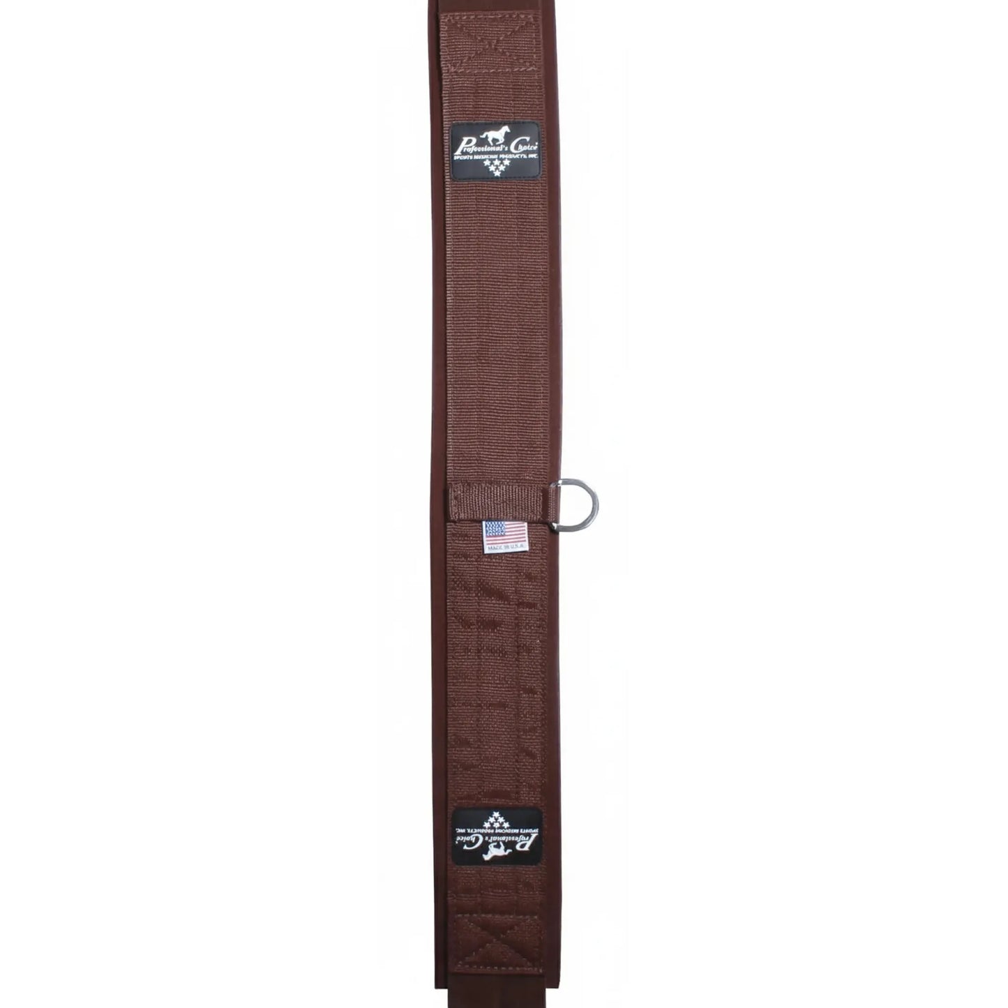 Professional's Choice SMX English Girth in chocolate brown, featuring non-slip neoprene for horse comfort and saddle stability. This premium equestrian tack includes durable stainless steel hardware with a central D-ring and reinforced stitching. Showcases iconic Professional's Choice branding and a Made in USA tag. Breathable, easy-to-clean, and designed for peak performance and security in various English riding disciplines.