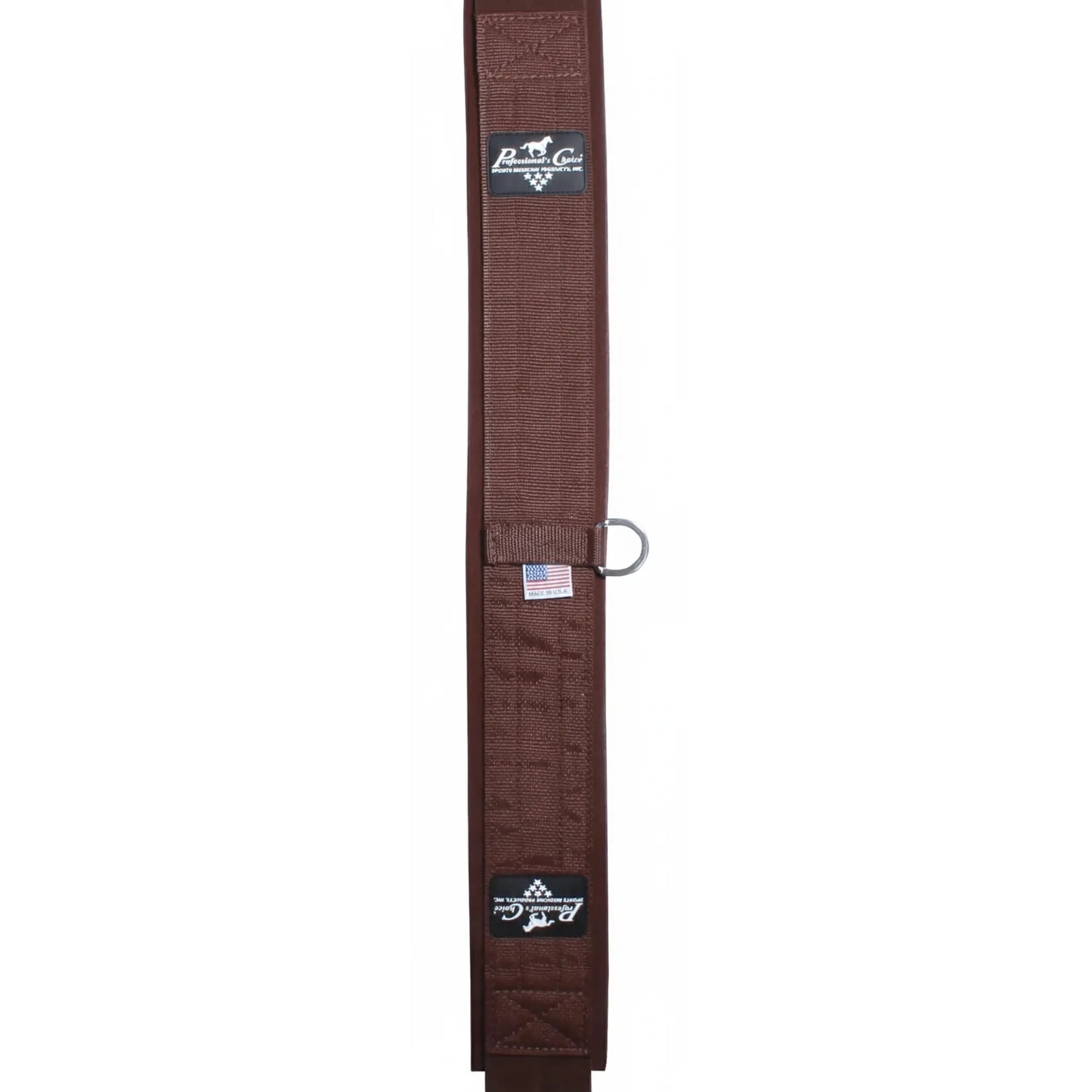 Professional's Choice SMX English Girth in chocolate brown, featuring non-slip neoprene for horse comfort and saddle stability. This premium equestrian tack includes durable stainless steel hardware with a central D-ring and reinforced stitching. Showcases iconic Professional's Choice branding and a Made in USA tag. Breathable, easy-to-clean, and designed for peak performance and security in various English riding disciplines.
