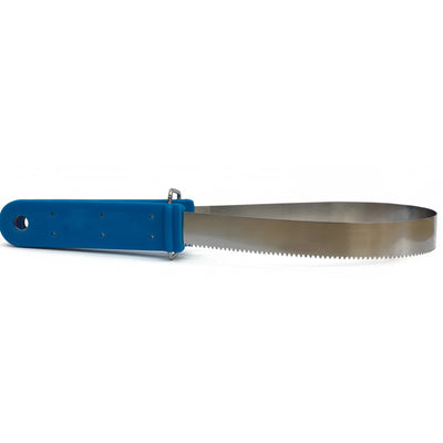 Professional's Choice Soft Touch Shedding Blade horse grooming tool featuring a durable, serrated stainless steel loop for effective hair removal. The bright blue ergonomic handle ensures a comfortable grip while grooming horses and livestock. Ideal for removing loose winter coats and dirt, this essential equestrian accessory helps maintain a sleek, healthy coat. A must-have for every horse owner's grooming kit and tack room.