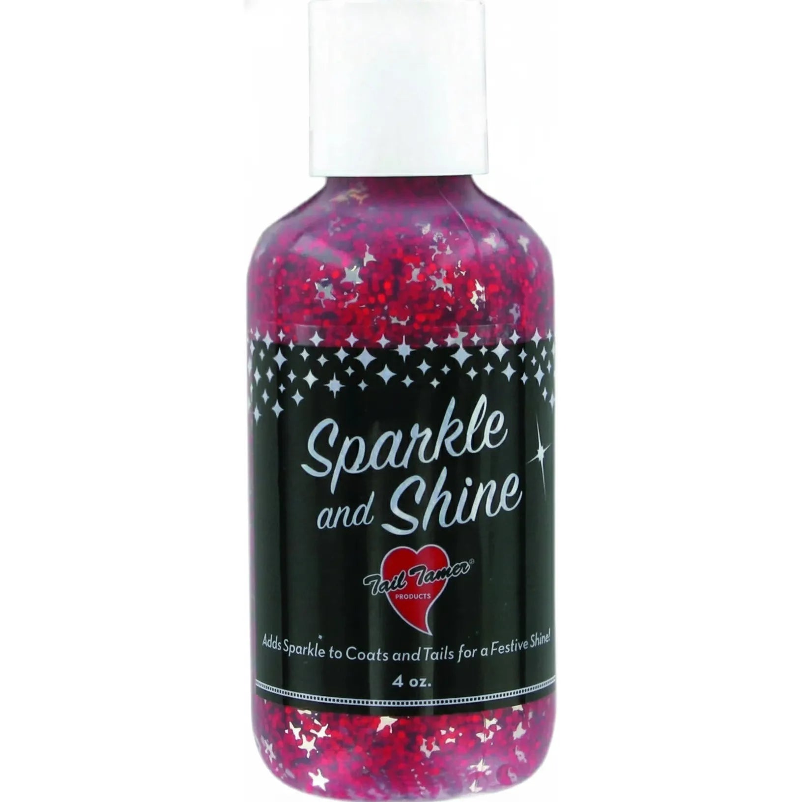 Professional's Choice Tail Tamer Sparkle & Shine Red Glitter Gel in a 4oz bottle. This vibrant red horse grooming gel is packed with silver star-shaped and fine glitter to add a festive shine to coats and tails. Features a black label with elegant white script and a white screw-top lid. Perfect for horse shows, parades, or adding extra flair to your equestrian grooming routine.