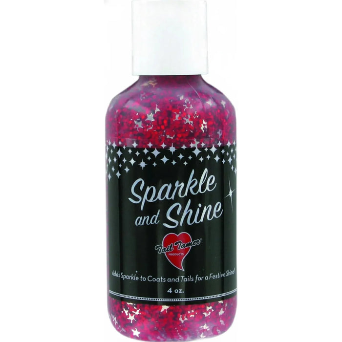 Professional's Choice Tail Tamer Sparkle & Shine Red Glitter Gel in a 4oz bottle. This vibrant red horse grooming gel is packed with silver star-shaped and fine glitter to add a festive shine to coats and tails. Features a black label with elegant white script and a white screw-top lid. Perfect for horse shows, parades, or adding extra flair to your equestrian grooming routine.