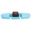 Professional's Choice Tail Tamer Soft Touch Flex Curry brush in light blue. This gentle horse grooming tool features a three-section flexible rubber backing designed to contour to the horse's body. It includes soft, jagged rubber teeth for massaging sensitive areas and a black nylon hand strap with a red heart logo. Ideal for removing dirt, mud, and loose hair while providing a soothing grooming experience for your horse.