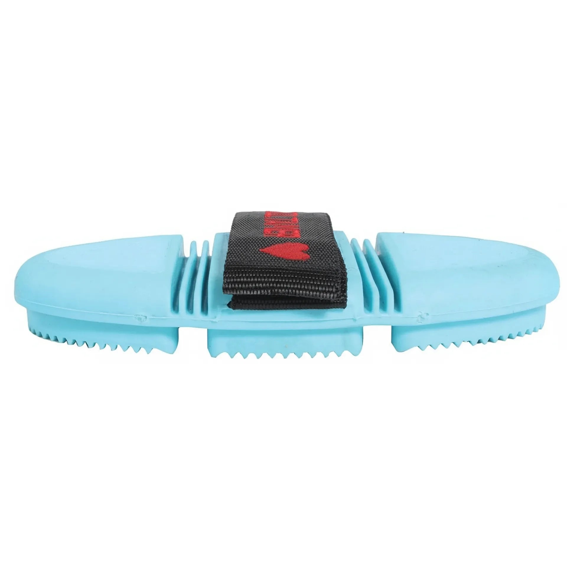 Professional's Choice Tail Tamer Soft Touch Flex Curry brush in light blue. This gentle horse grooming tool features a three-section flexible rubber backing designed to contour to the horse's body. It includes soft, jagged rubber teeth for massaging sensitive areas and a black nylon hand strap with a red heart logo. Ideal for removing dirt, mud, and loose hair while providing a soothing grooming experience for your horse.