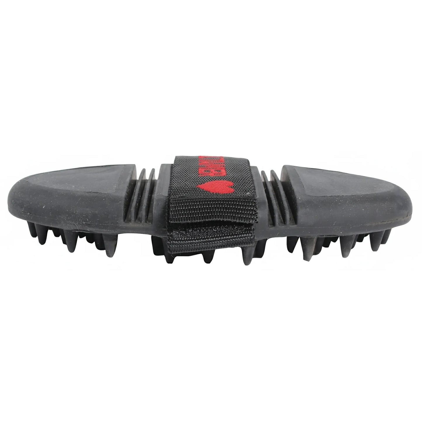 Professional's Choice Tail Tamer Soft Touch Flex Massager in black. This flexible rubber horse grooming and therapeutic tool features soft rubber nubs for massaging and cleaning. Its ergonomic design includes a black nylon hand strap with a red heart detail, making it perfect for equine massage therapy, shedding, and daily grooming. A versatile addition to any horse grooming kit, providing comfort and relief for your horse.