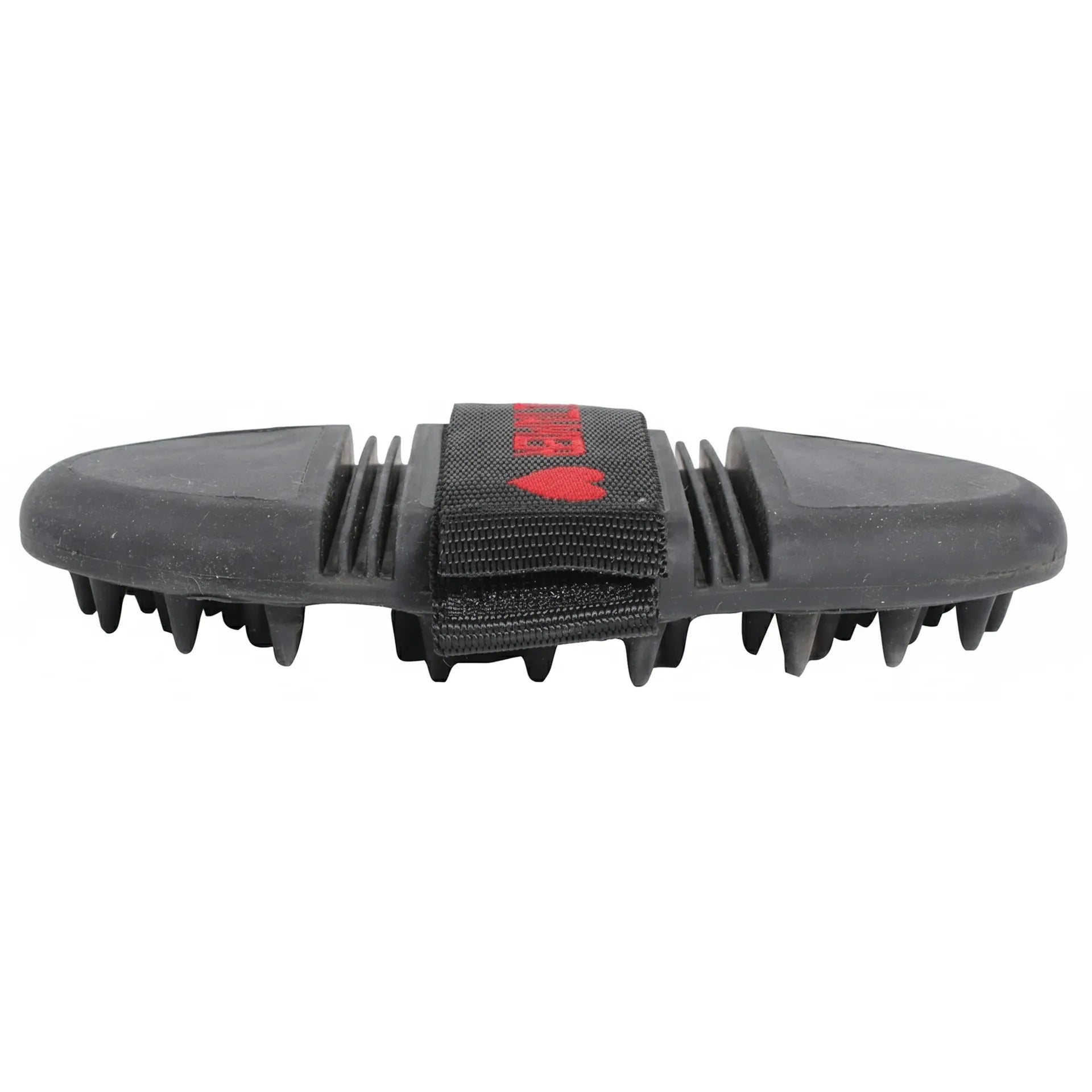 Professional's Choice Tail Tamer Soft Touch Flex Massager in black. This flexible rubber horse grooming and therapeutic tool features soft rubber nubs for massaging and cleaning. Its ergonomic design includes a black nylon hand strap with a red heart detail, making it perfect for equine massage therapy, shedding, and daily grooming. A versatile addition to any horse grooming kit, providing comfort and relief for your horse.