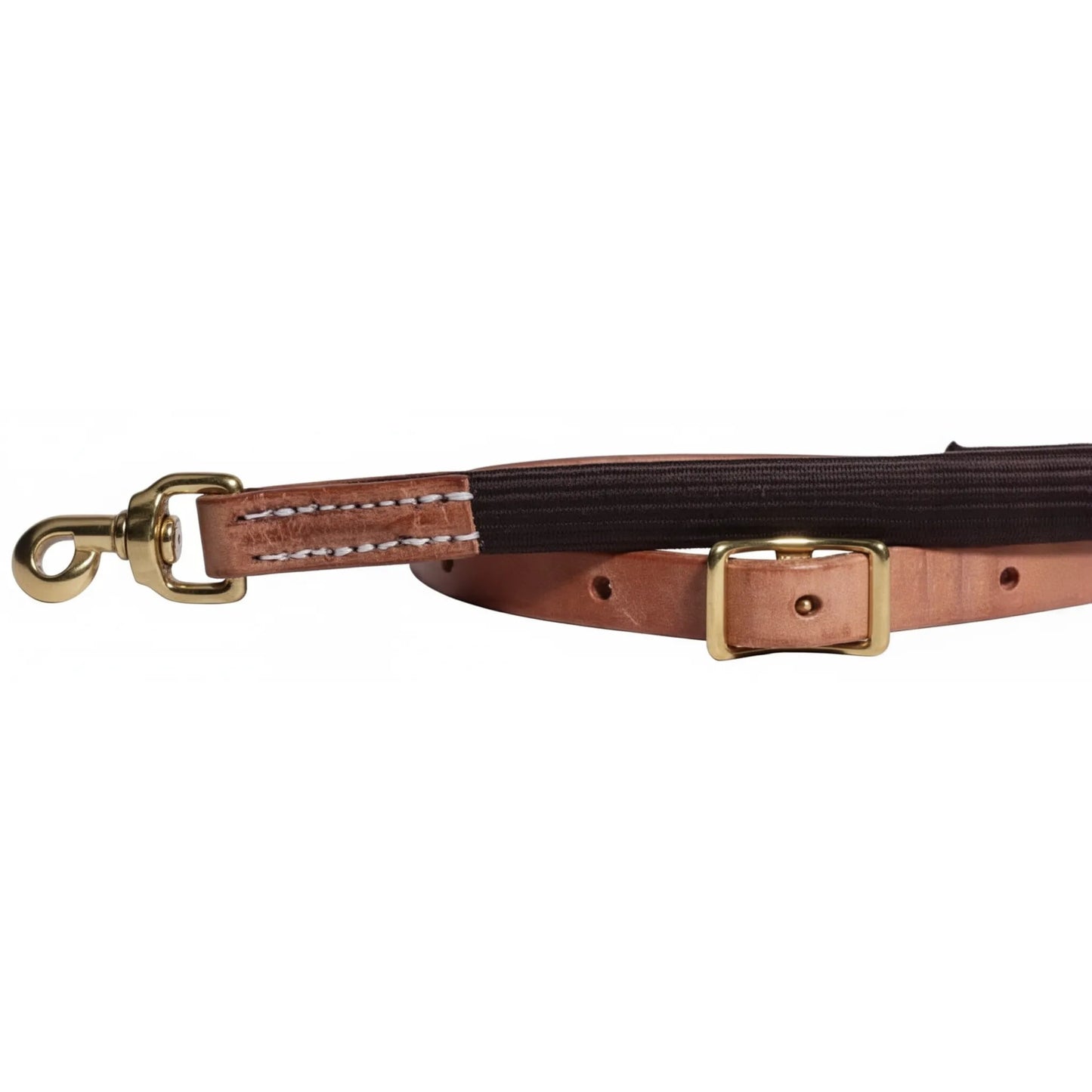 Professional's Choice Ultimate Tiedown featuring a dark brown ribbed polyester strap and adjustable light tan leather ends. The design includes premium brass hardware with a swivel snap and an adjustable buckle for a custom fit. High-quality white stitching adds durability to this essential piece of equestrian horse tack, perfect for western riding and training.