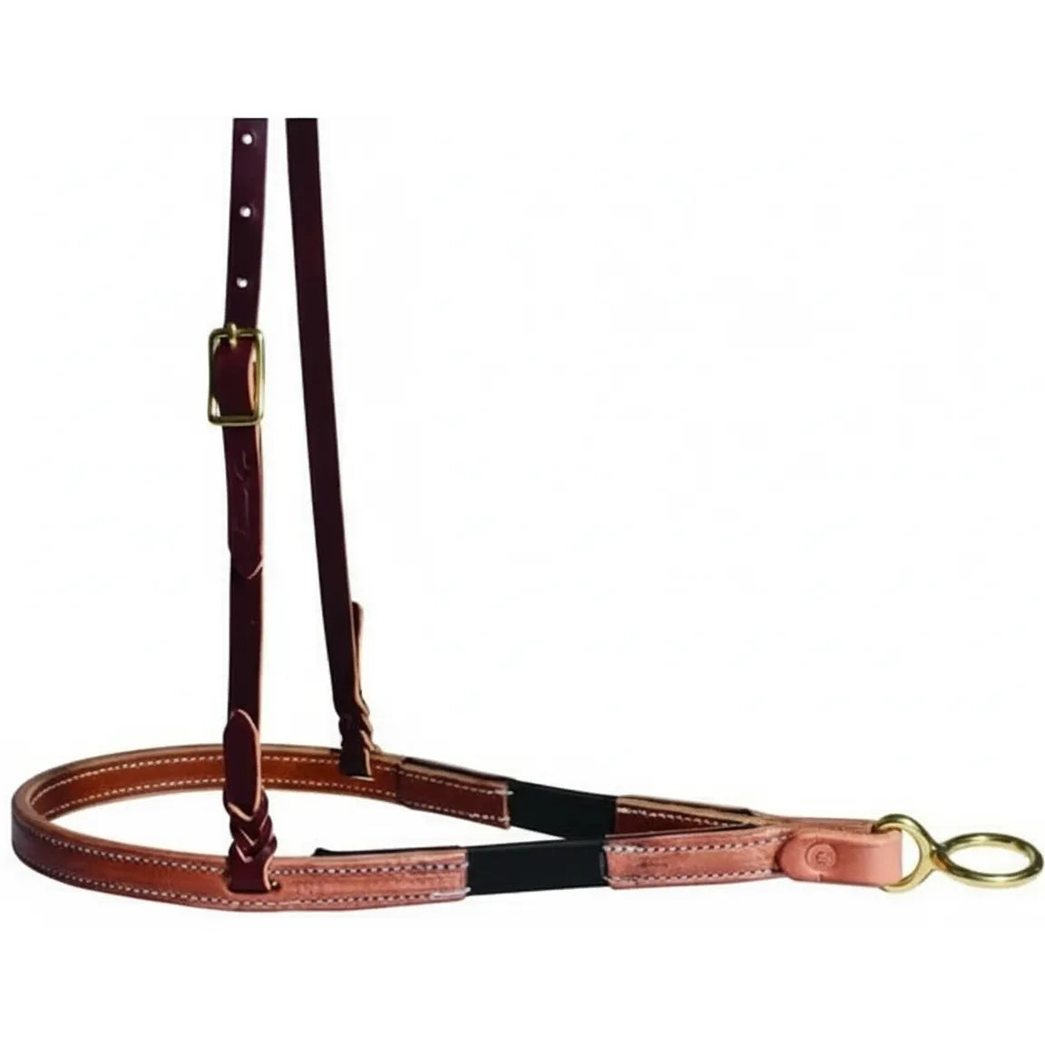 Professional's Choice Ultimate Tiedown Noseband made from high-quality Hermann Oak Leather with solid brass hardware. This western horse tack features a dark burgundy adjustable crown strap, a natural leather noseband with black rubber elastic inserts for added flex, and a sturdy brass tie-down ring. Ideal for barrel racing, roping, and training, this durable leather noseband offers professional-grade control and comfort for your horse.