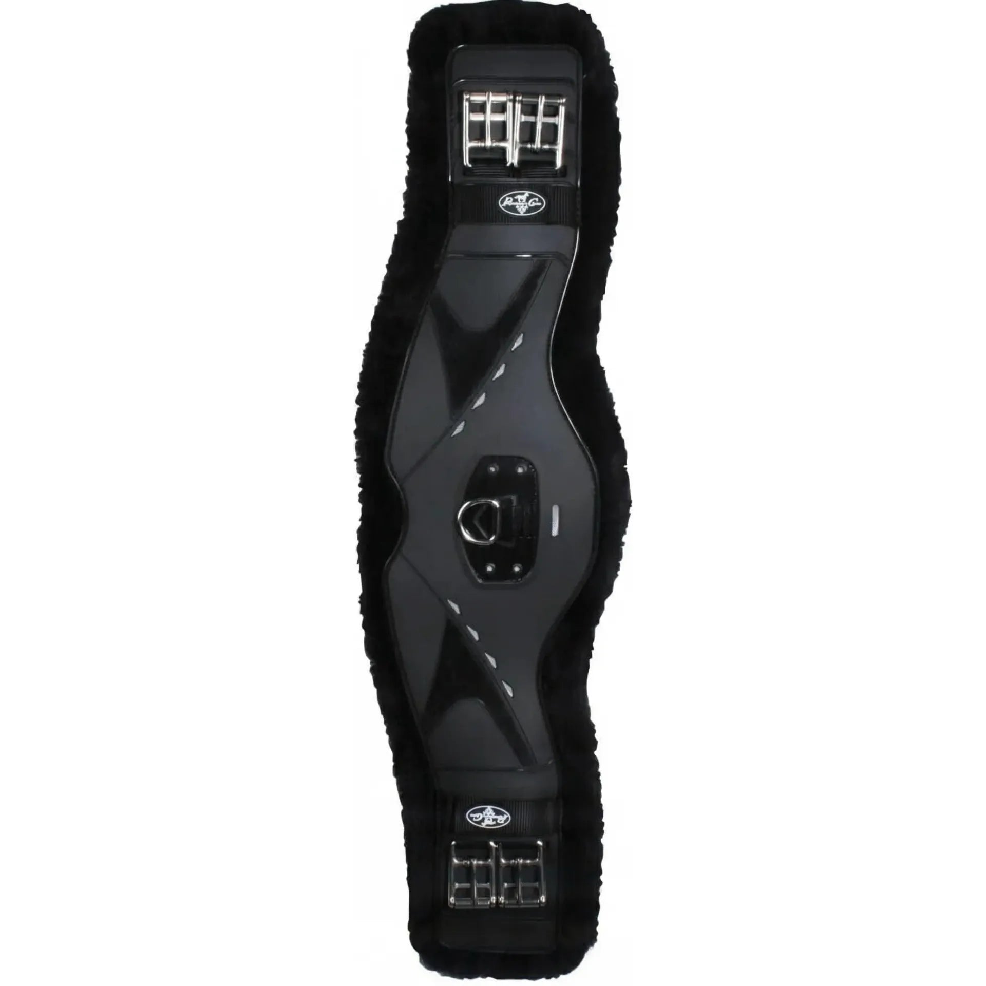 Professional's Choice VenTech Contoured Dressage Girth in sleek black featuring a plush, moisture-wicking fleece liner for ultimate horse comfort. This high-performance equestrian cinch showcases an anatomical design with durable stainless steel roller buckles and a central D-ring for easy attachments. Engineered with breathable VenTech technology, it’s a must-have piece of premium dressage tack for superior stability and style in the arena.