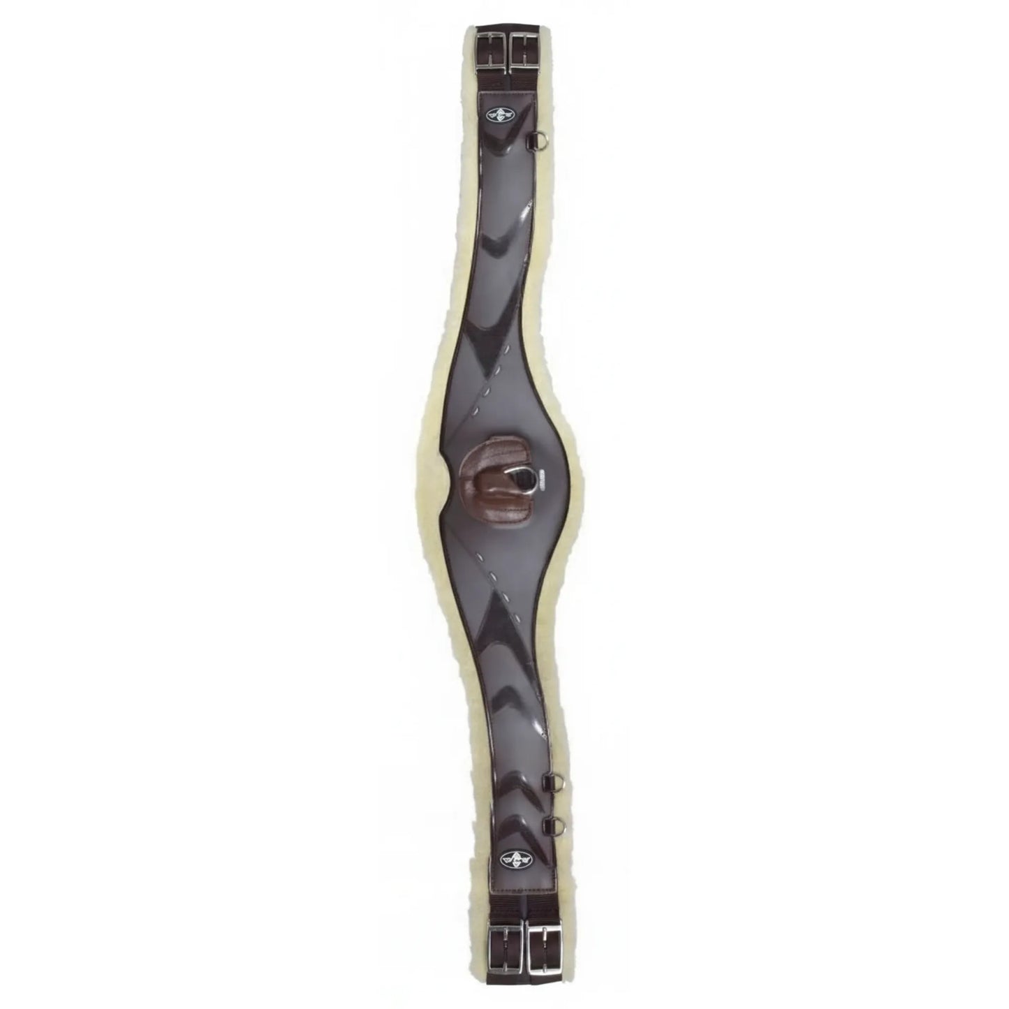 Professional's Choice VenTech Contoured Equestrian Jump Girth in chocolate brown with a plush cream liner. This durable TPU shell girth features an anatomical design for horse comfort and freedom of movement. Includes stainless steel roller buckles and a center D-ring for training attachments. High-performance English tack for jumping and eventing, offering a secure and breathable fit.