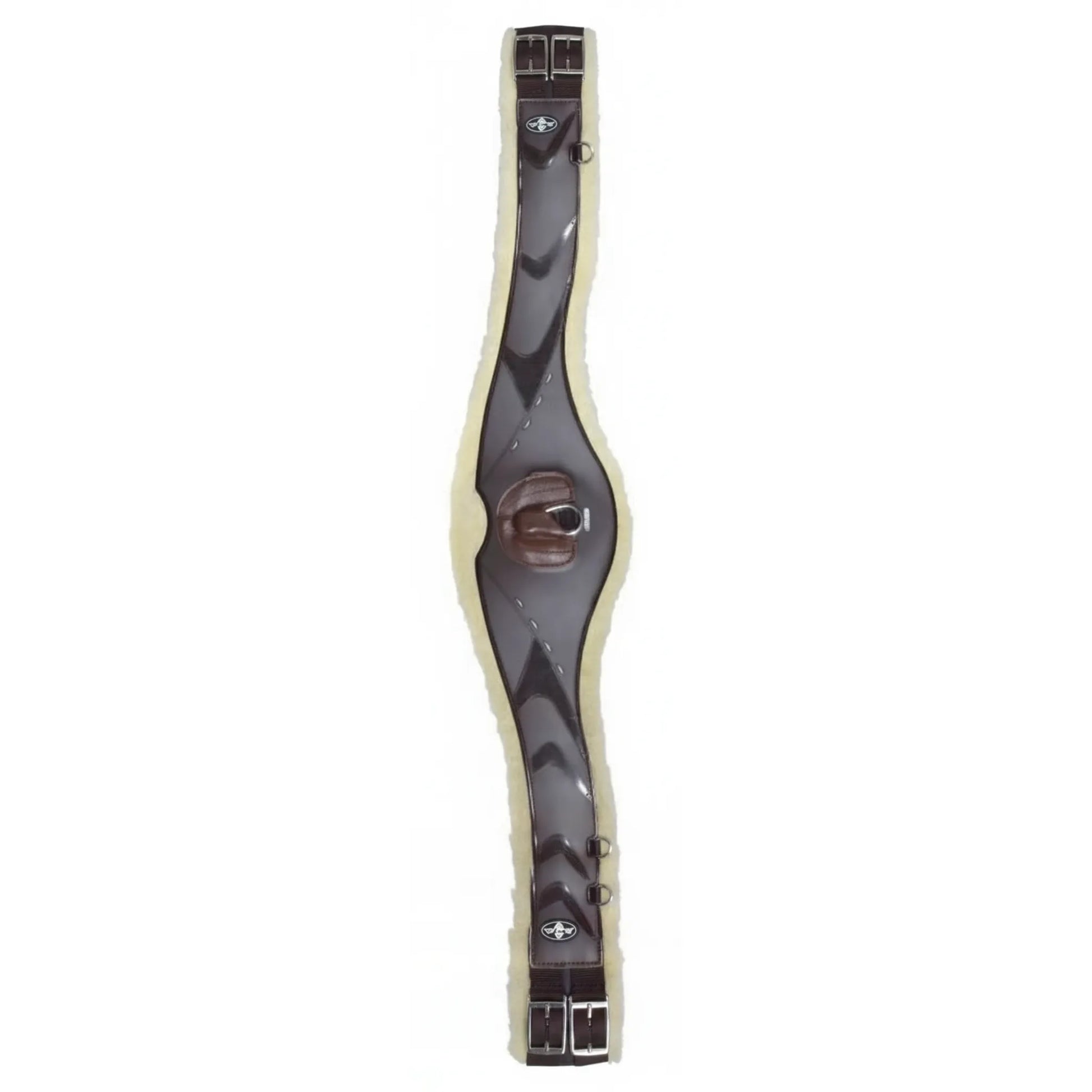 Professional's Choice VenTech Contoured Equestrian Jump Girth in chocolate brown with a plush cream liner. This durable TPU shell girth features an anatomical design for horse comfort and freedom of movement. Includes stainless steel roller buckles and a center D-ring for training attachments. High-performance English tack for jumping and eventing, offering a secure and breathable fit.