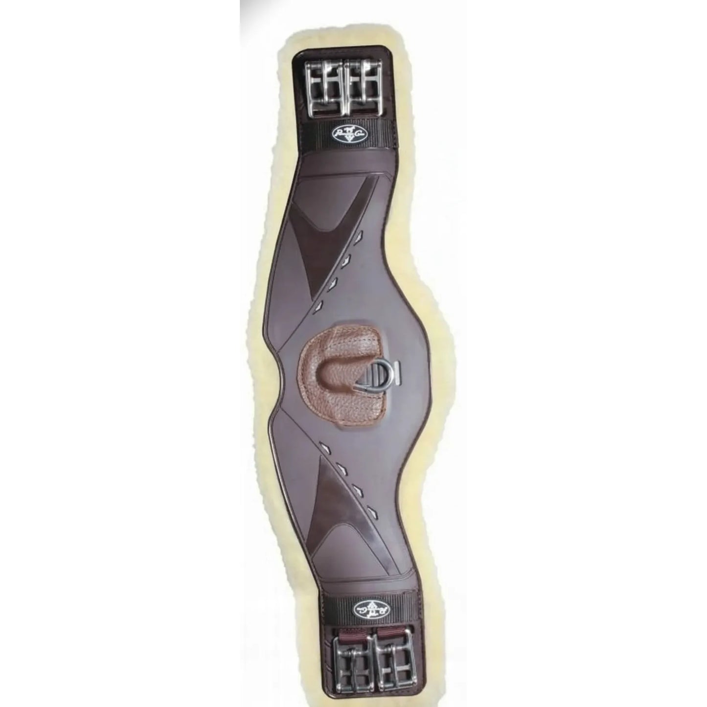 Professional's Choice VenTech Contoured Monoflap Girth in Chocolate brown with a plush cream sheepskin lining. This high-performance horse girth features an anatomical design for maximum elbow clearance, a durable TPU shell, and a central D-ring for training attachments. Equipped with stainless steel roller buckles and a breathable design, it’s a premium equestrian essential for dressage and eventing monoflap saddles, combining horse comfort with elegant style.