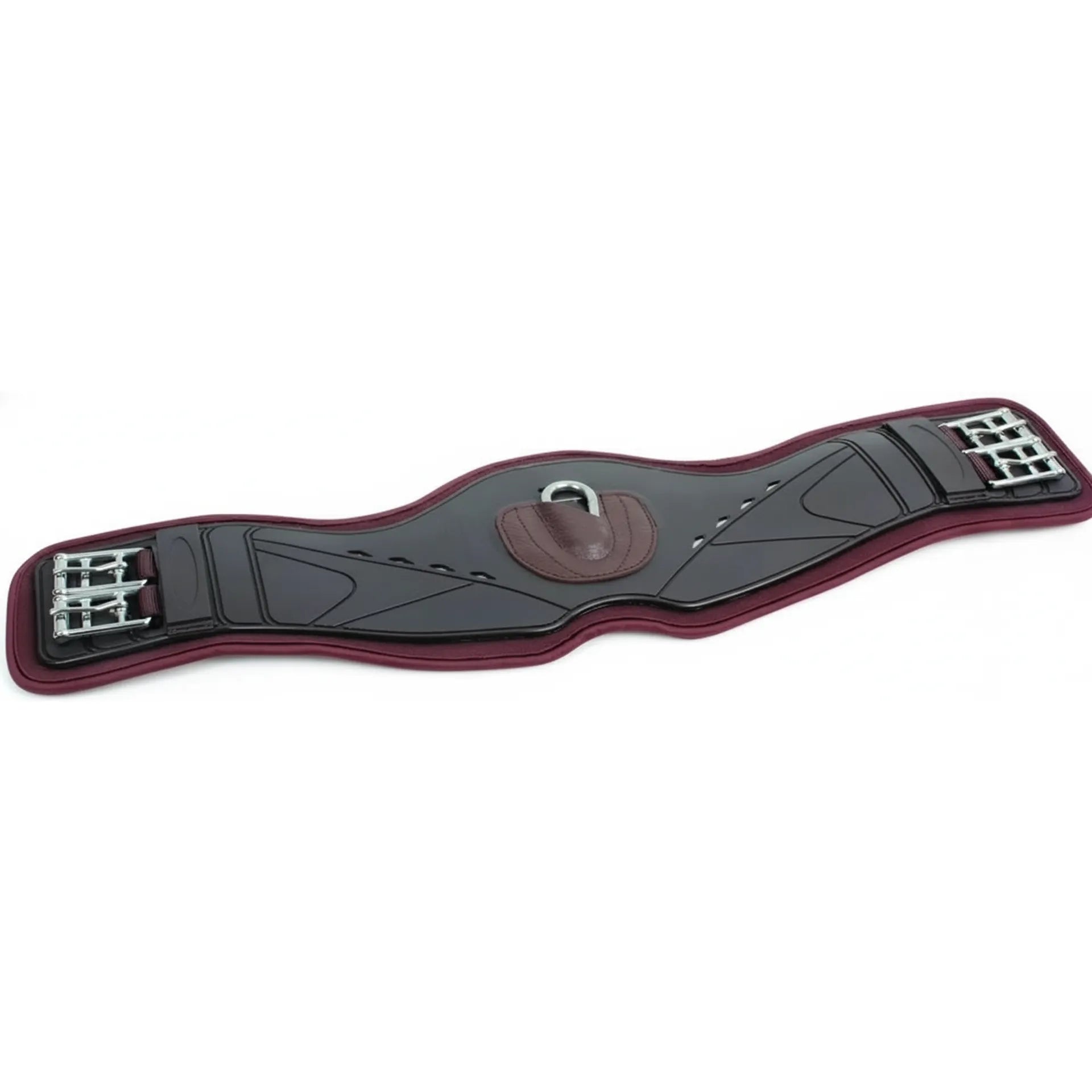 Professional's Choice Ventech Contoured Monoflap Neoprene Girth in Chocolate. This high-performance horse girth features a breathable, non-slip neoprene lining and a sleek black outer shell. Its anatomical contoured design ensures maximum comfort and freedom of movement. Includes durable stainless steel roller buckles on both ends and a central D-ring for training aids. Perfect for dressage or monoflap saddles, this essential equestrian gear provides ultimate stability.