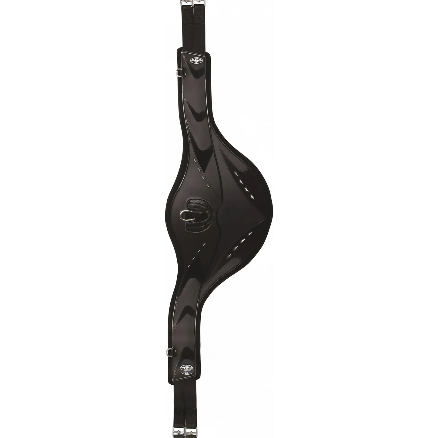 Professional's Choice VenTECH Jump Girth with Belly Guard in black featuring a durable TPU outer shell and breathable neoprene liner. This anatomical jumping girth provides superior belly protection and comfort with its contoured design, central D-ring for training attachments, and secure stainless steel buckles. High-performance equestrian gear ideal for show jumping, hunters, and eventing.