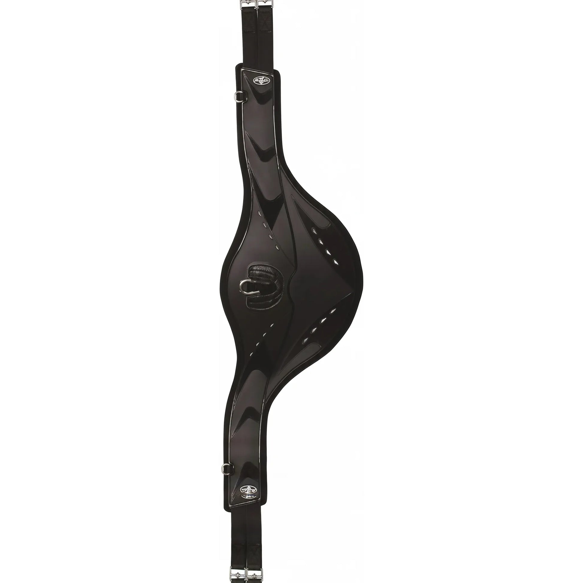 Professional's Choice VenTECH Jump Girth with Belly Guard in black featuring a durable TPU outer shell and breathable neoprene liner. This anatomical jumping girth provides superior belly protection and comfort with its contoured design, central D-ring for training attachments, and secure stainless steel buckles. High-performance equestrian gear ideal for show jumping, hunters, and eventing.