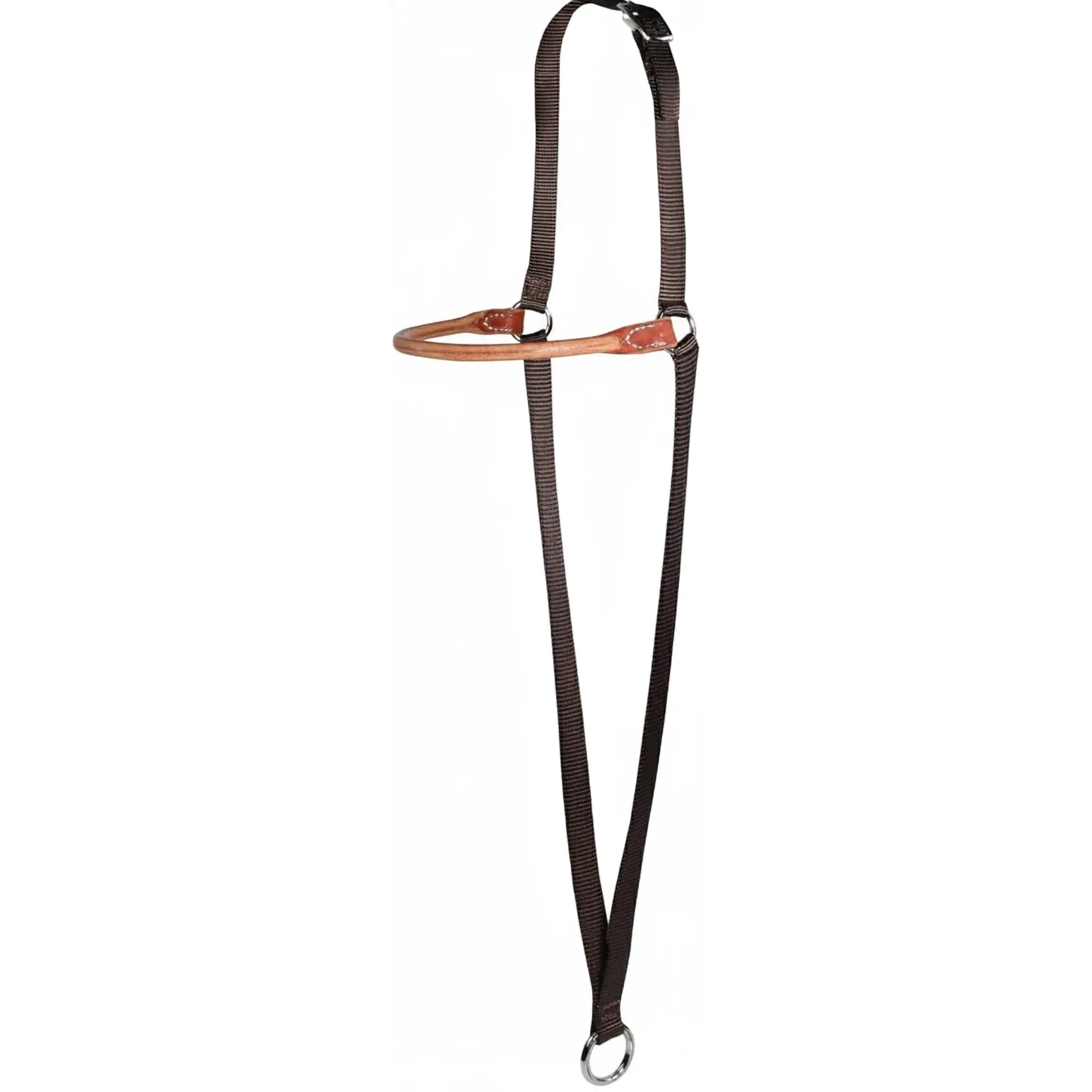 Professional's Choice War Bonnet horse training aid, crafted with a light tan harness leather noseband and heavy-duty brown nylon webbing. This horse-size equestrian gear features durable white stitching, silver metal rings, and an adjustable buckle strap for a secure fit. Designed for western training and performance, this tool helps refine responsiveness and head carriage during schooling or daily exercise.