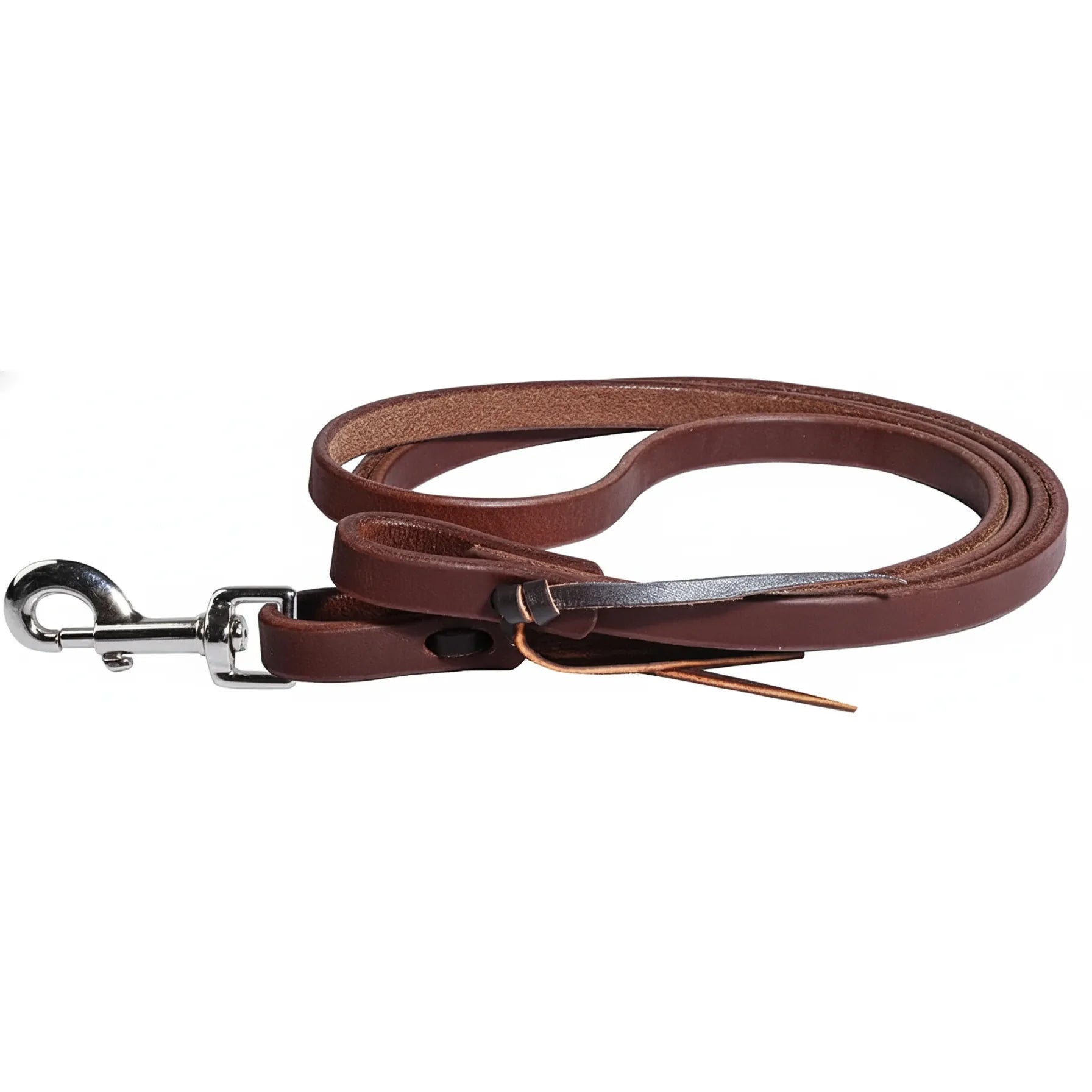 Professional's Choice Waterloop Roping Rein in rich brown premium oiled harness leather. This 8ft x 1/2in western horse rein features a sturdy silver swivel snap and traditional waterloop connection for ultimate durability. High-quality equestrian tack designed for professional performance, roping, and everyday riding.