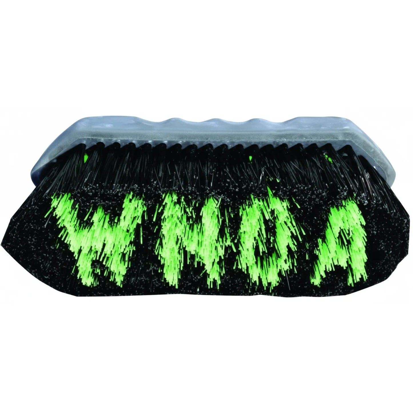 Professional's Choice Whoa Brush for horse grooming, featuring thick black and bright lime green bristles that spell out "WHOA." The brush includes a contoured grey ergonomic handle designed for a comfortable grip in smaller hands. This stylish and effective equestrian dandy brush is perfect for removing dirt and dust, making it a must-have tool for any horse grooming kit or pony owner's collection.