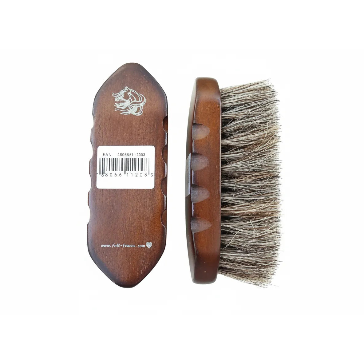 Professional's Choice Wood Series Small Horsehair Finishing Brush featuring a dark-stained Paulownia wood handle with a silver horse logo and ergonomic side grips. This high-quality equestrian grooming tool shows a side profile of dense, natural horsehair bristles designed for a polished show-ring finish. Lightweight and durable, it's an essential finishing brush for any horse grooming kit to add shine and remove fine dust.