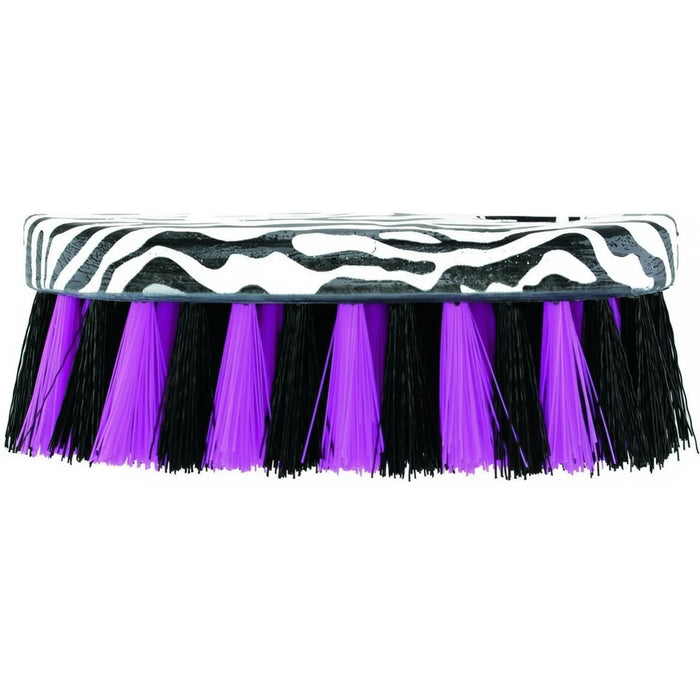 Professional's Choice Zebra Pattern Grooming Brush featuring a stylish black and white zebra print handle and vibrant alternating clusters of purple and black synthetic bristles. This eye-catching horse body brush is a perfect addition to any equestrian grooming kit, blending professional-grade performance with a fun, trendy design for effective cleaning and shining of horse coats.