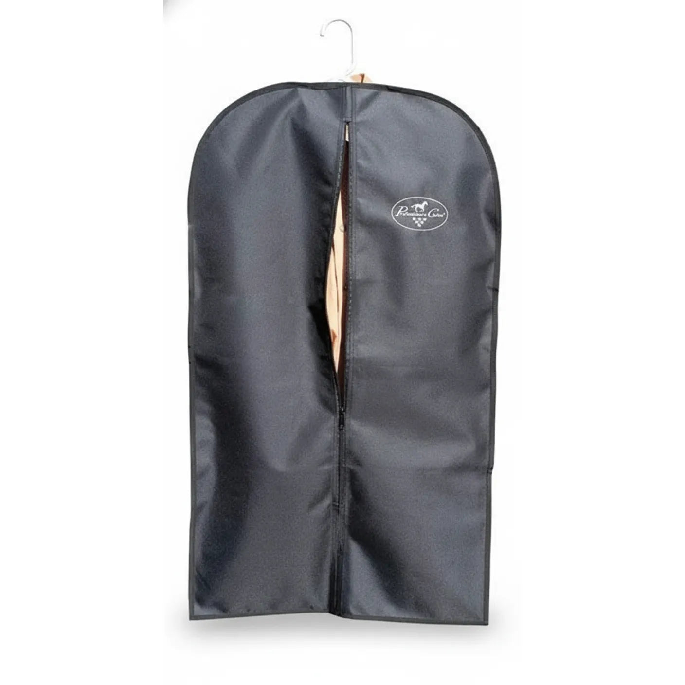 Professionals Choice Garment Bag in black, featuring a full-length center zipper for easy access to show coats. This durable equestrian travel bag includes the signature white horse logo and provides premium protection for riding apparel. Shown with a tan show coat tucked inside and a sturdy metal hanger, it’s an essential for horse show organization and travel. Model HA-911.