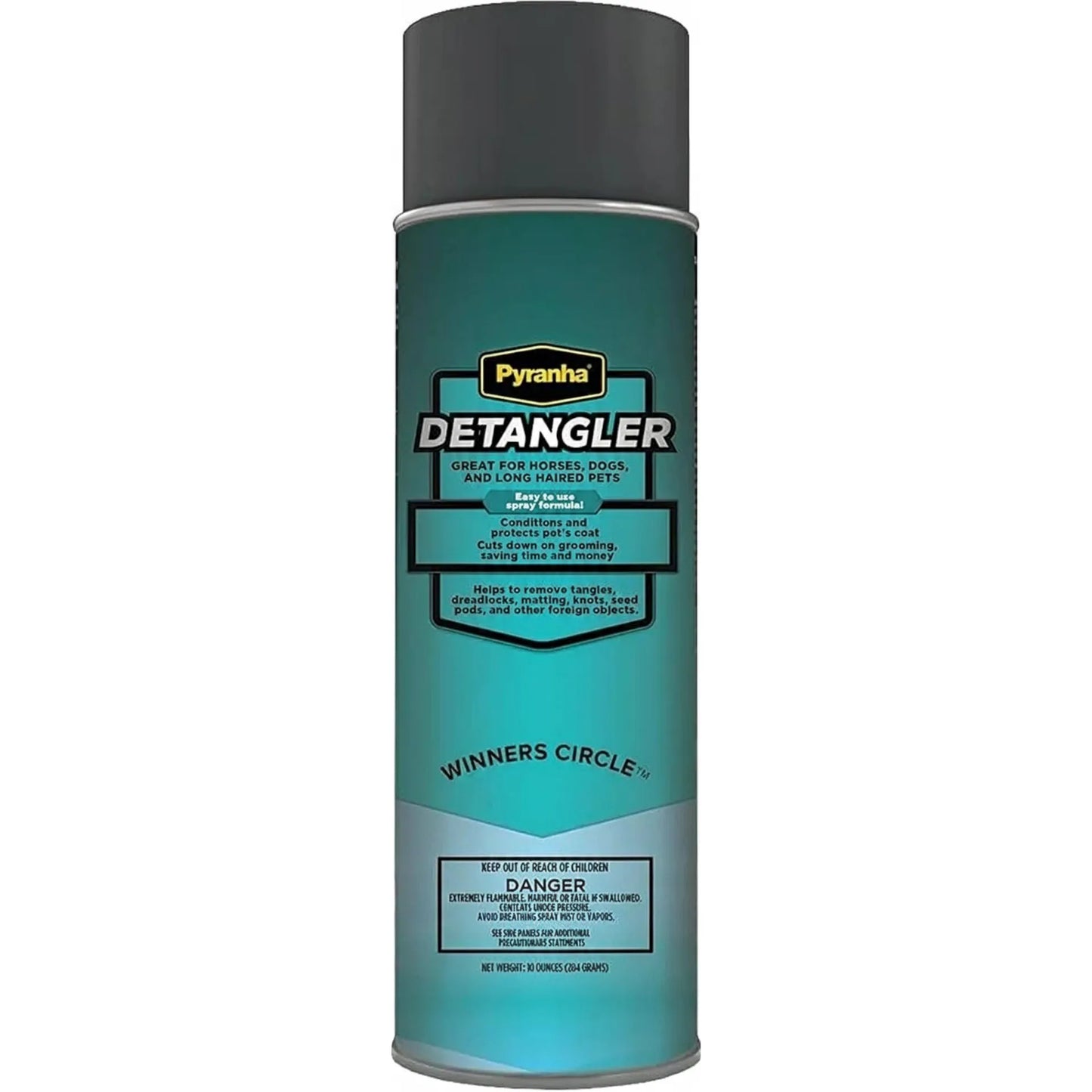 Pyranha Detangler Spray 10 oz aerosol can for horses, dogs, and long-haired pets. This teal spray bottle features the Winners Circle label, highlighting its professional conditioning and shine properties. Ideal for removing tangles, knots, matting, and seed pods, it protects the coat and reduces grooming time. A must-have grooming supply for pet owners and equestrians seeking a sleek, manageable coat with an easy-to-use spray formula.