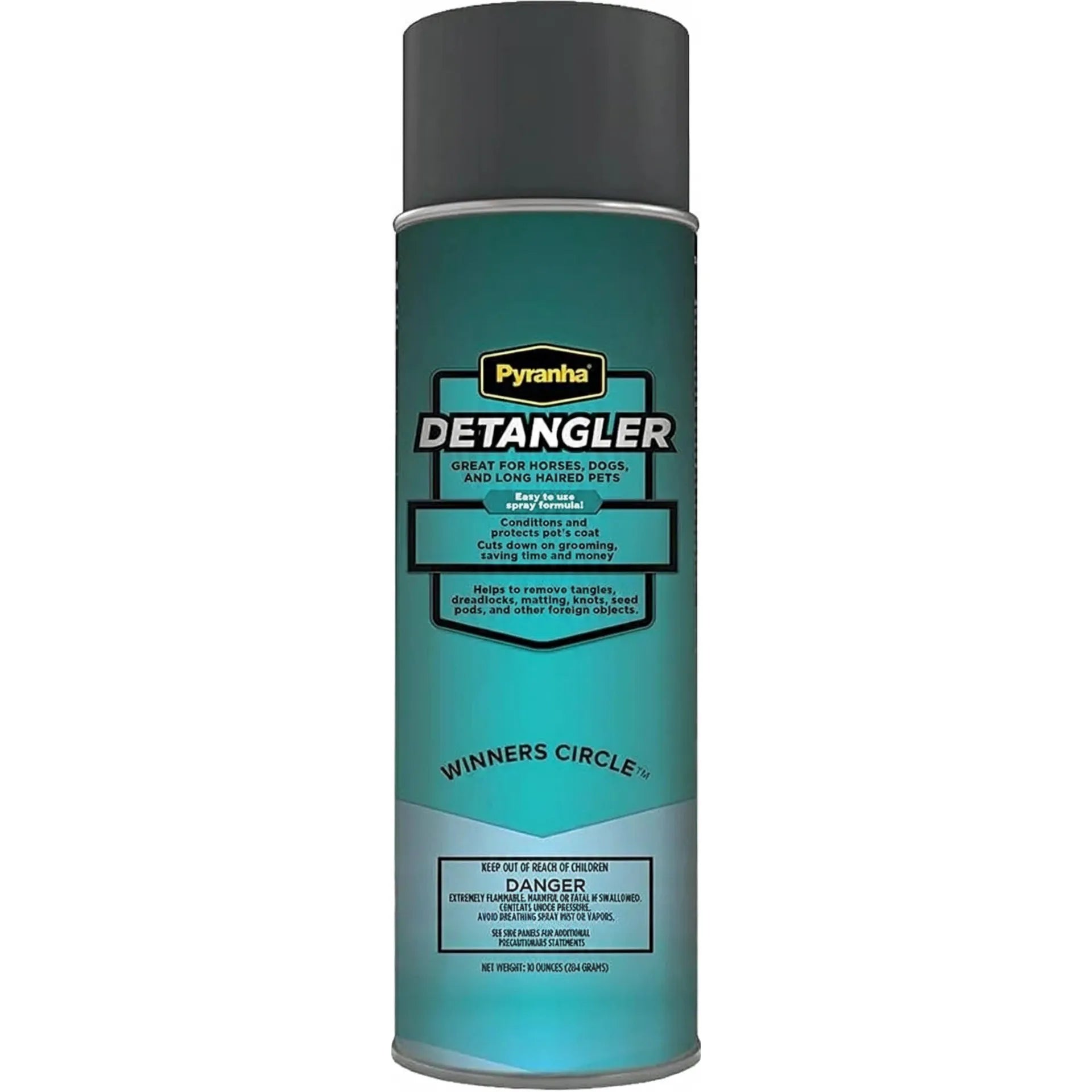 Pyranha Detangler Spray 10 oz aerosol can for horses, dogs, and long-haired pets. This teal spray bottle features the Winners Circle label, highlighting its professional conditioning and shine properties. Ideal for removing tangles, knots, matting, and seed pods, it protects the coat and reduces grooming time. A must-have grooming supply for pet owners and equestrians seeking a sleek, manageable coat with an easy-to-use spray formula.
