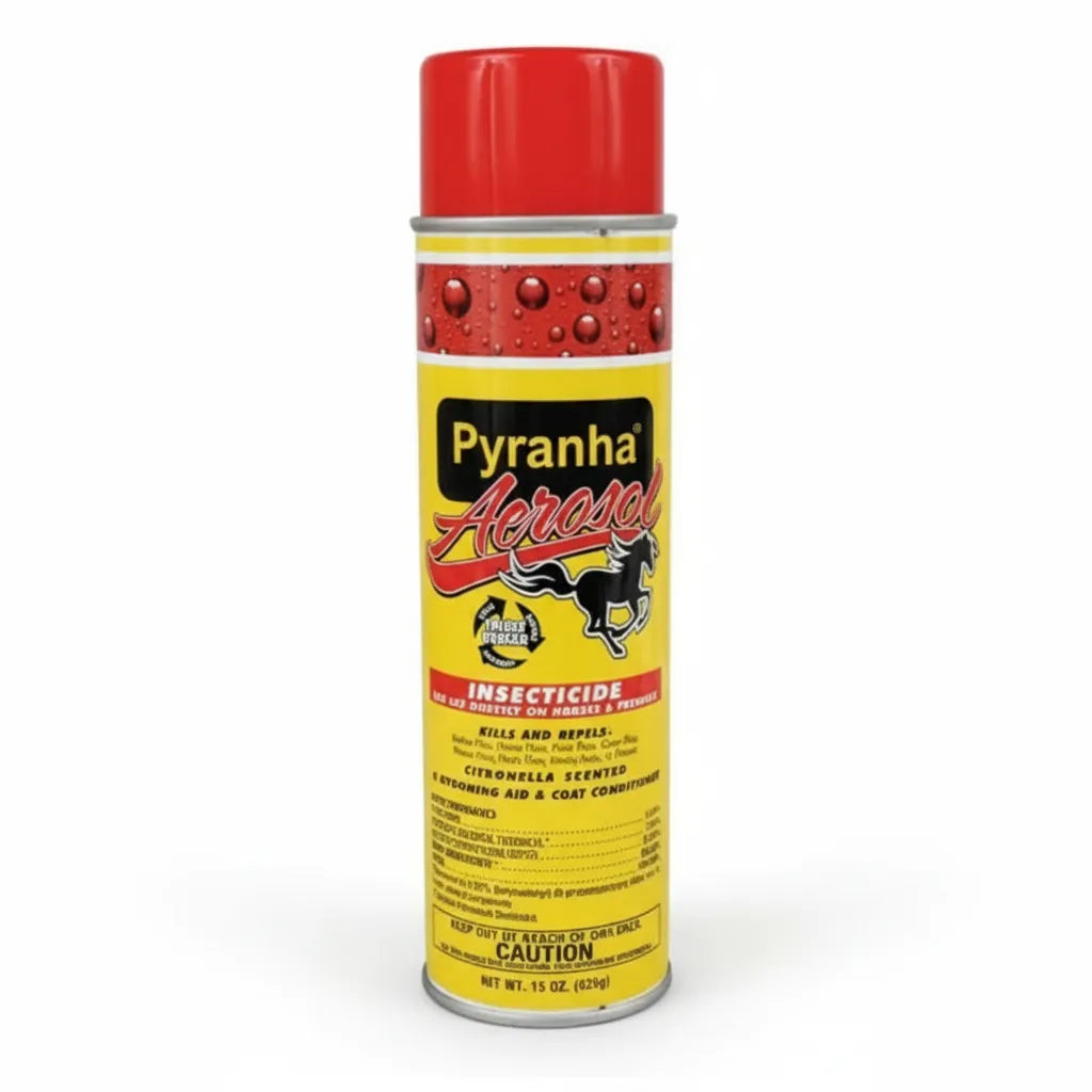 Pyranha Insect Aerosol Fly Spray with Coat Conditioner in a 15 oz yellow can with a red cap. This equestrian insecticide kills and repels stable flies, house flies, deer flies, mosquitoes, and gnats. The citronella-scented formula doubles as a grooming aid and coat conditioner, providing a high-gloss shine while protecting horses and premises. A must-have fly control solution for horse owners looking for effective protection and grooming in one convenient spray.