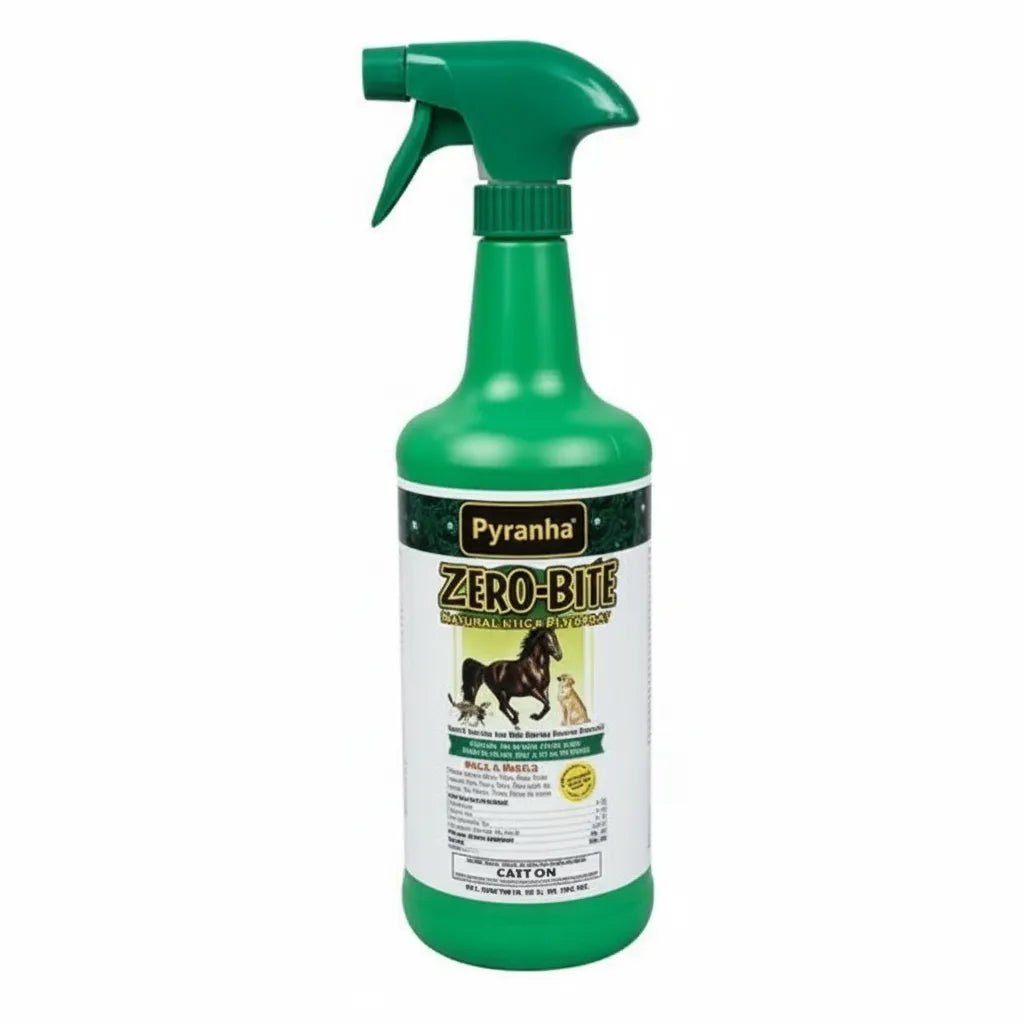 Pyranha Zero Bite Natural Fly Spray in a 32oz green spray bottle. This water-based, eco-friendly insect repellent features a white label with illustrations of a horse and dog, highlighting its safe use for multiple animals. A non-greasy, natural bug spray designed to protect horses, dogs, and cats from flies, gnats, and mosquitoes. Perfect for equine grooming and summer pest control on the farm.