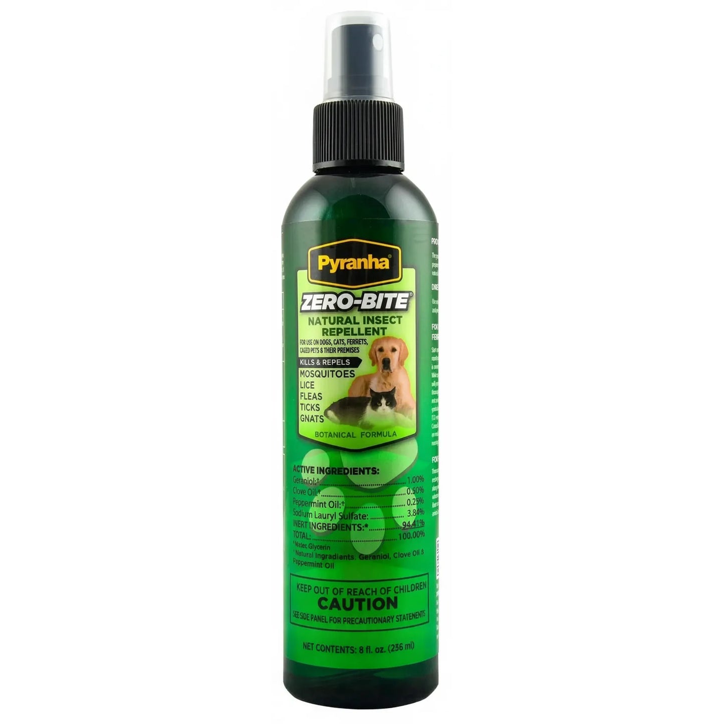 Pyranha Zero Bite Natural Insect Repellent in a green 8oz trail-size spray bottle. This botanical formula kills and repels mosquitoes, lice, fleas, ticks, and gnats. Featuring natural active ingredients like Geraniol, Clove Oil, and Peppermint Oil, it’s a safe, non-toxic fly spray for dogs, cats, and horses. Perfect for eco-friendly pest protection on the go, this natural insect repellent is ideal for pets and their premises.