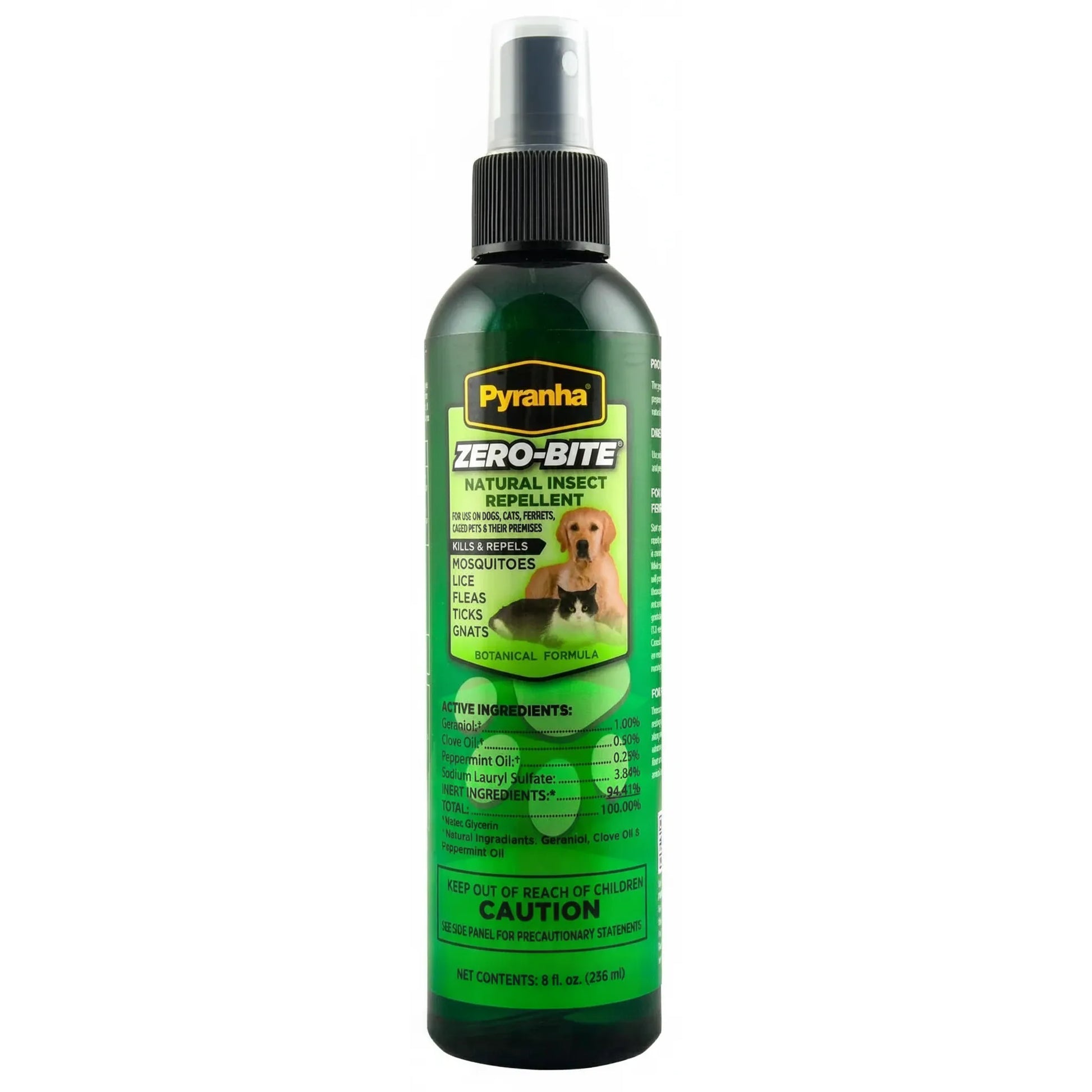 Pyranha Zero Bite Natural Insect Repellent in a green 8oz trail-size spray bottle. This botanical formula kills and repels mosquitoes, lice, fleas, ticks, and gnats. Featuring natural active ingredients like Geraniol, Clove Oil, and Peppermint Oil, it’s a safe, non-toxic fly spray for dogs, cats, and horses. Perfect for eco-friendly pest protection on the go, this natural insect repellent is ideal for pets and their premises.