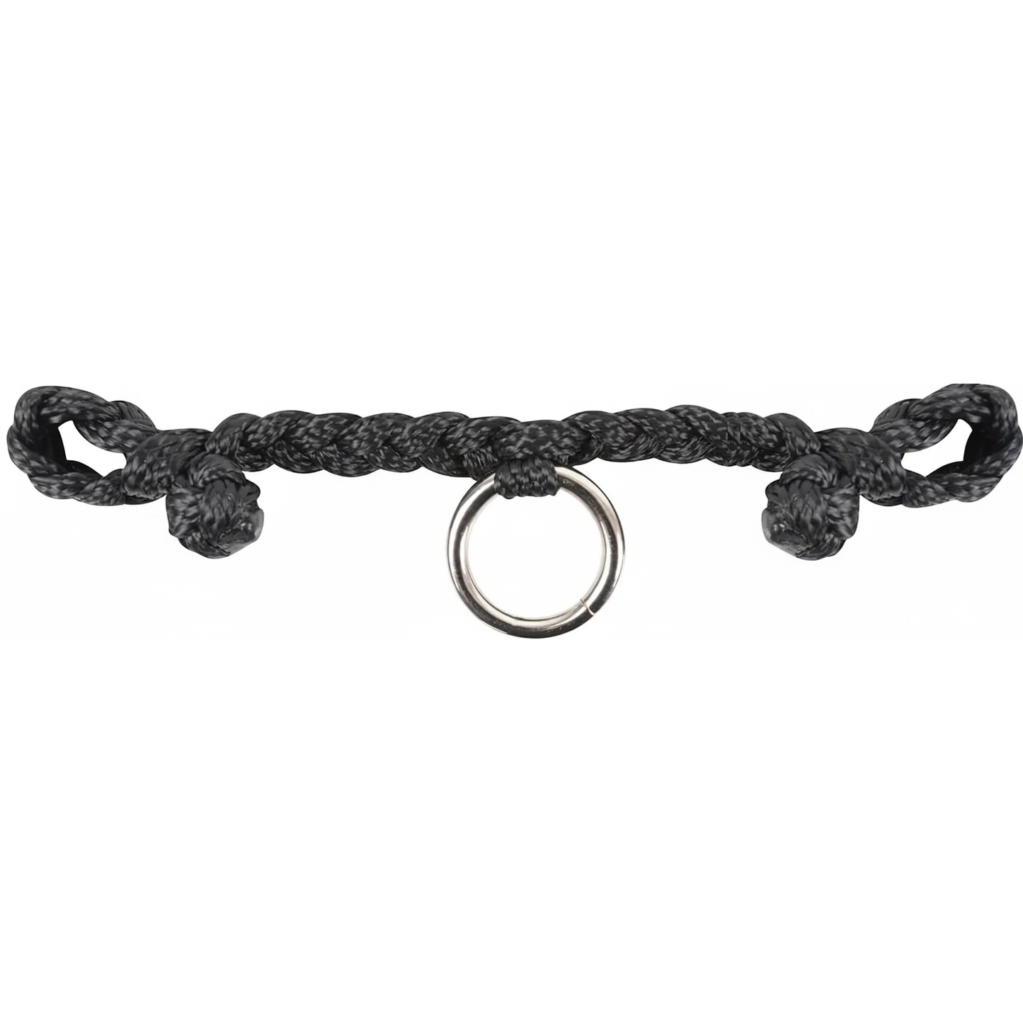 Rattler Jerkline Bit Hobble featuring black flat-braided mule tape construction and a central silver O-ring. Designed for calf roping, this durable horse tack offers reinforced end loops for secure bit attachment. Ideal for rodeo athletes and performance horse training, this high-strength jerkline hobble combines functionality with a sleek professional aesthetic. Must-have gear for serious calf ropers and equestrian tack enthusiasts.