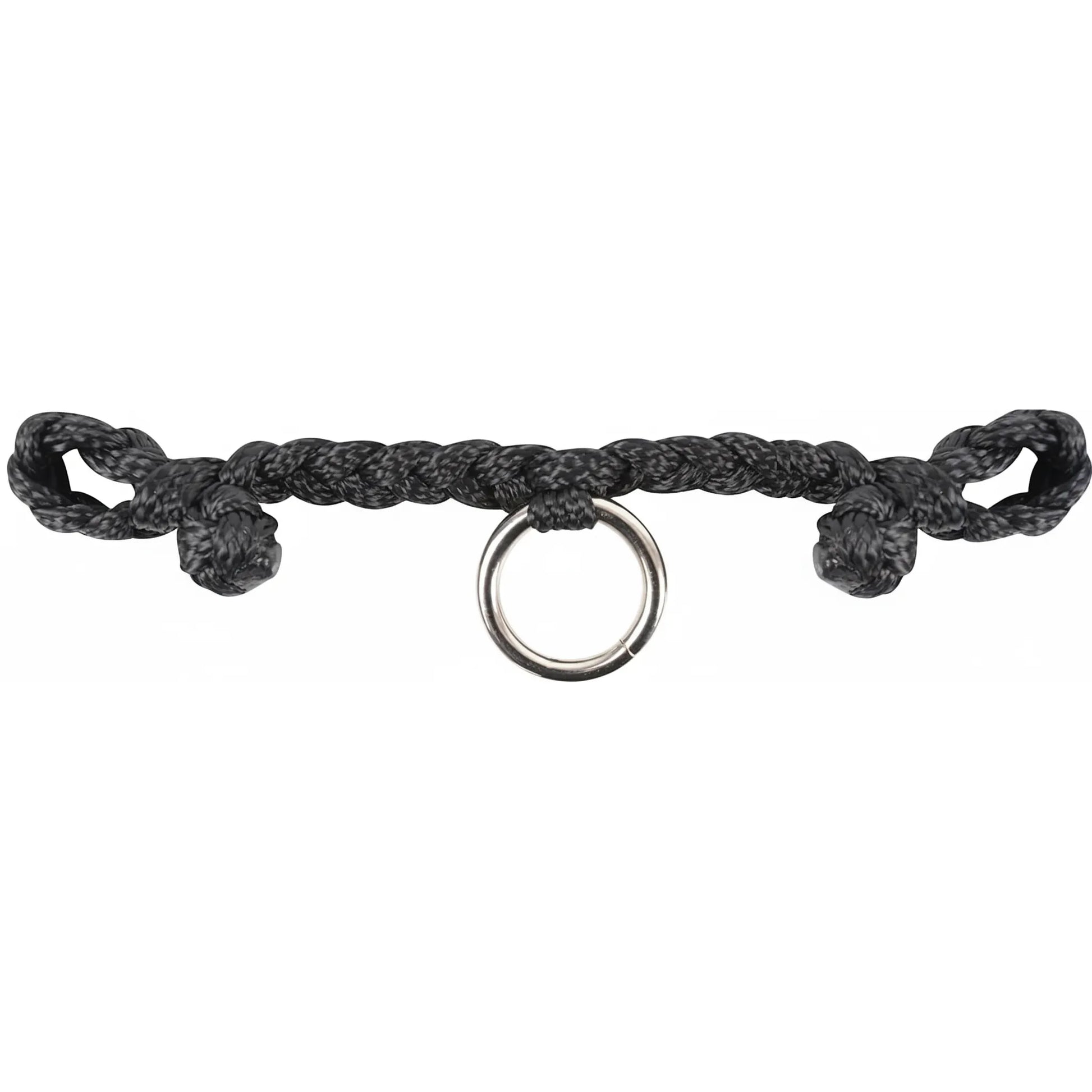 Rattler Jerkline Bit Hobble featuring black flat-braided mule tape construction and a central silver O-ring. Designed for calf roping, this durable horse tack offers reinforced end loops for secure bit attachment. Ideal for rodeo athletes and performance horse training, this high-strength jerkline hobble combines functionality with a sleek professional aesthetic. Must-have gear for serious calf ropers and equestrian tack enthusiasts.